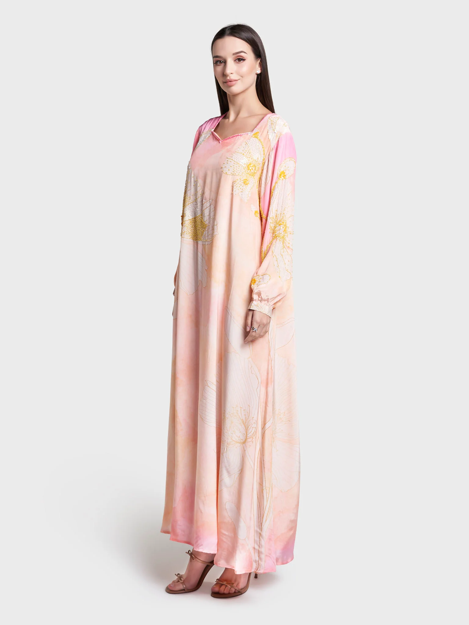Peach Colour Floral Printed Viscose Hand Work Long Dress (VDE432) - Image 3