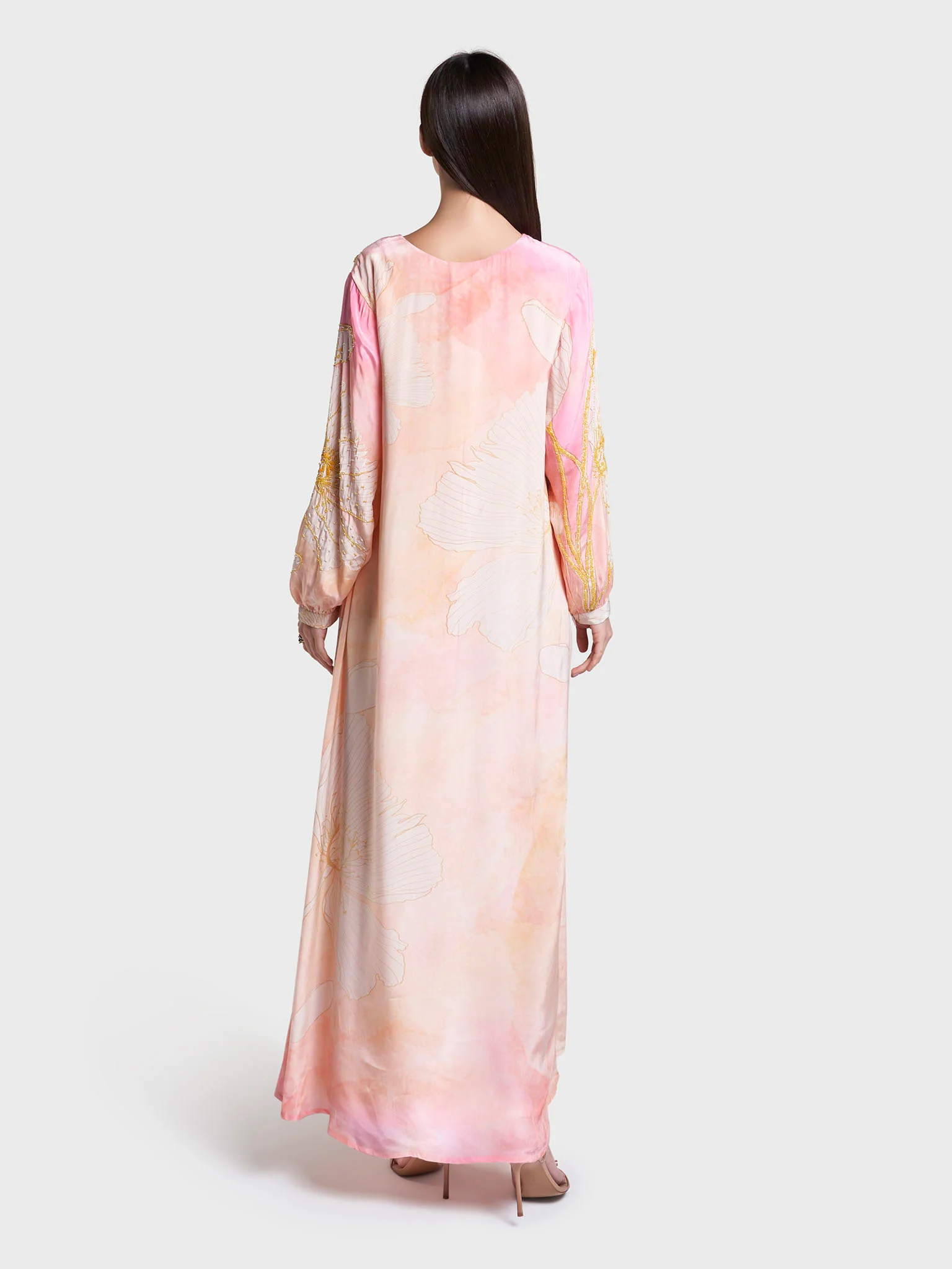 Peach Colour Floral Printed Viscose Hand Work Long Dress (VDE432) - Image 4