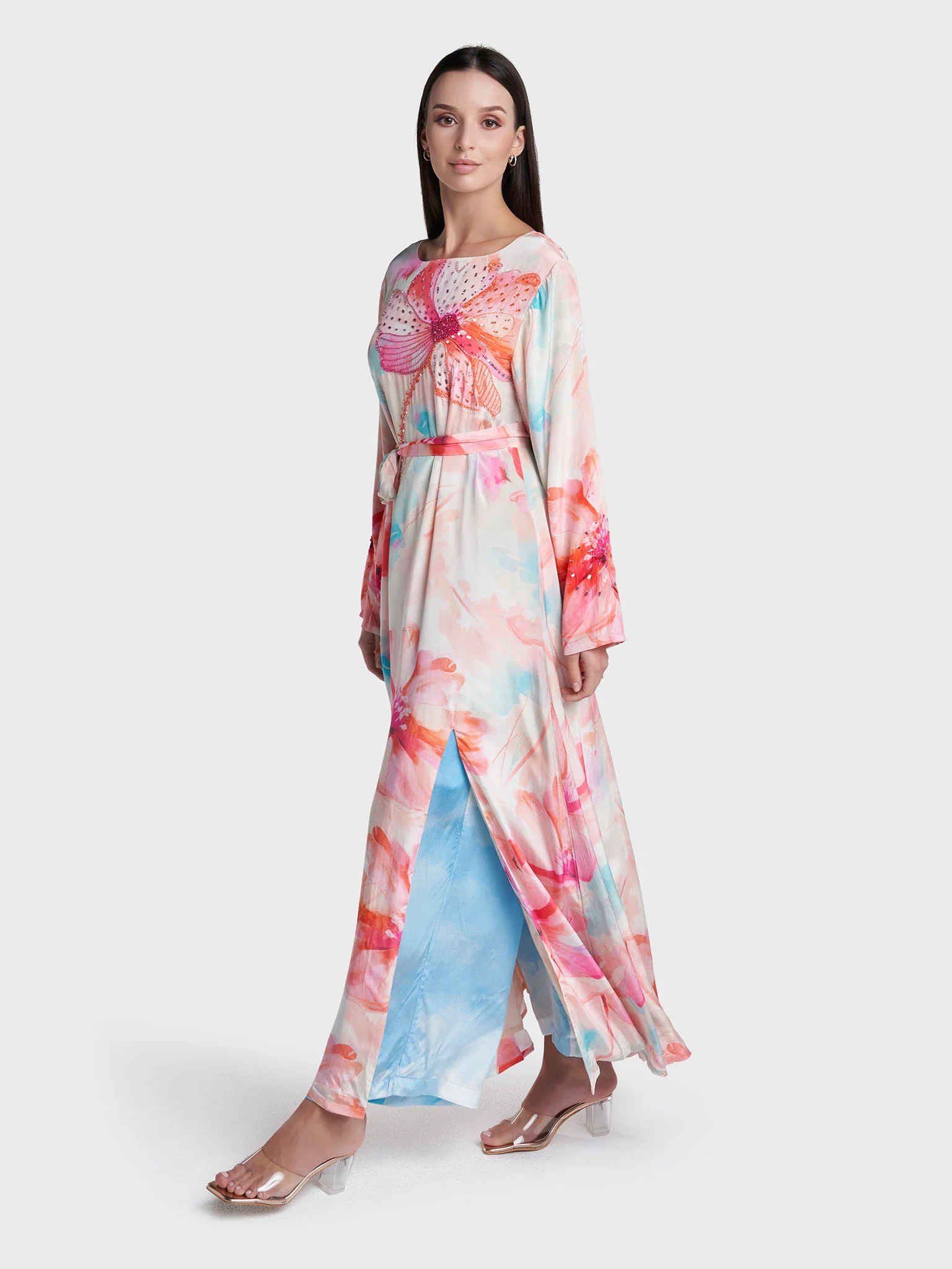 Peach Colour Hand Work Viscose Crepe Floral Printed Dress (VDX15) - Image 3