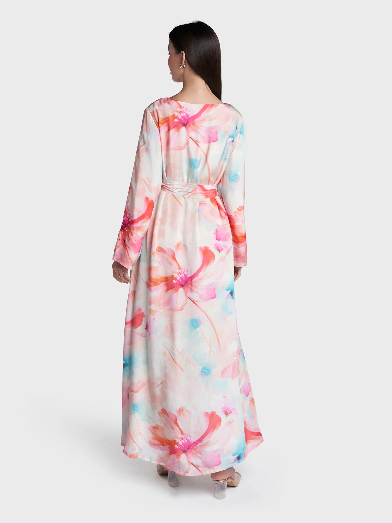 Peach Colour Hand Work Viscose Crepe Floral Printed Dress (VDX15) - Image 4