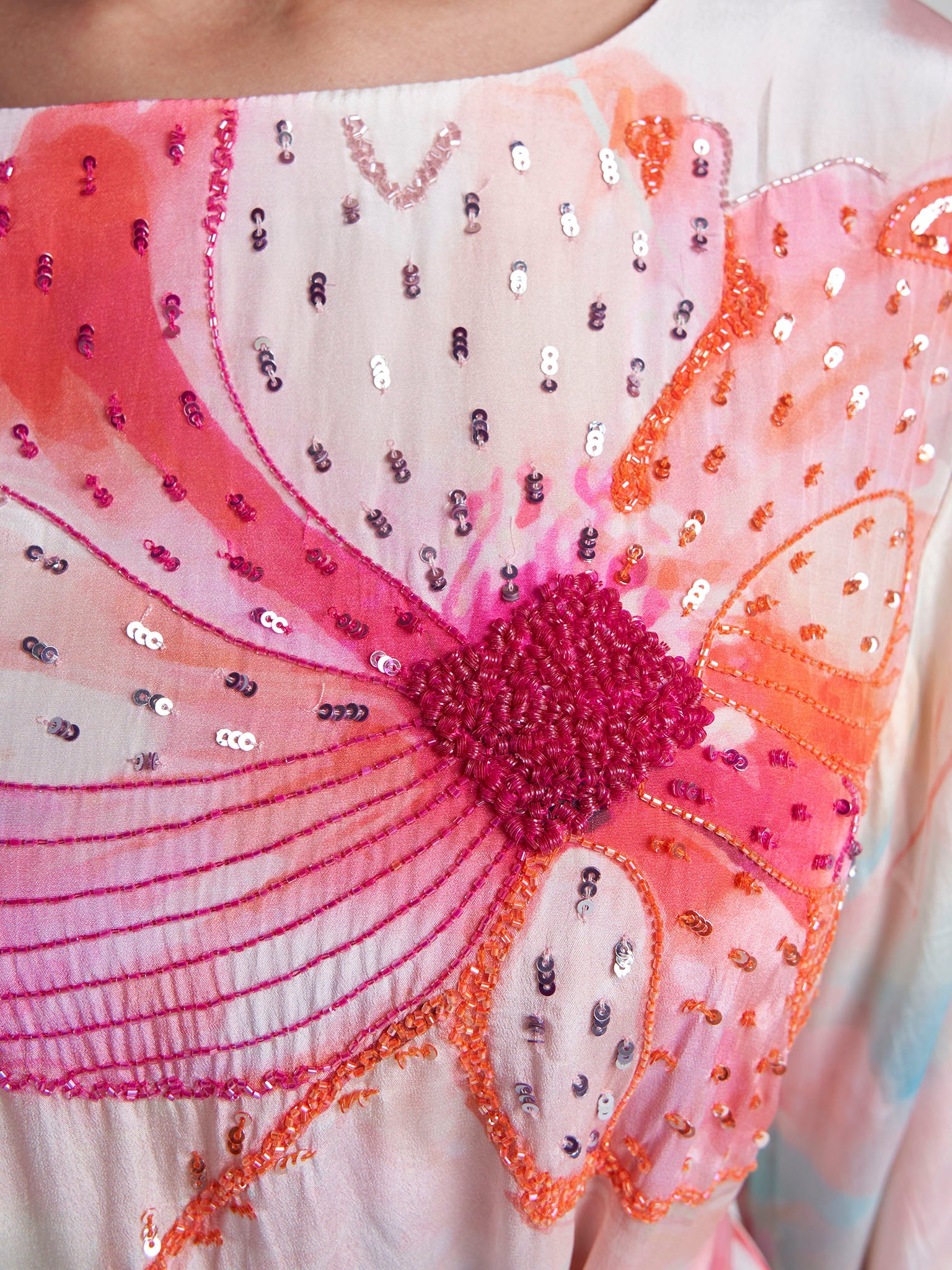 Peach Colour Hand Work Viscose Crepe Floral Printed Dress (VDX15) - Image 6