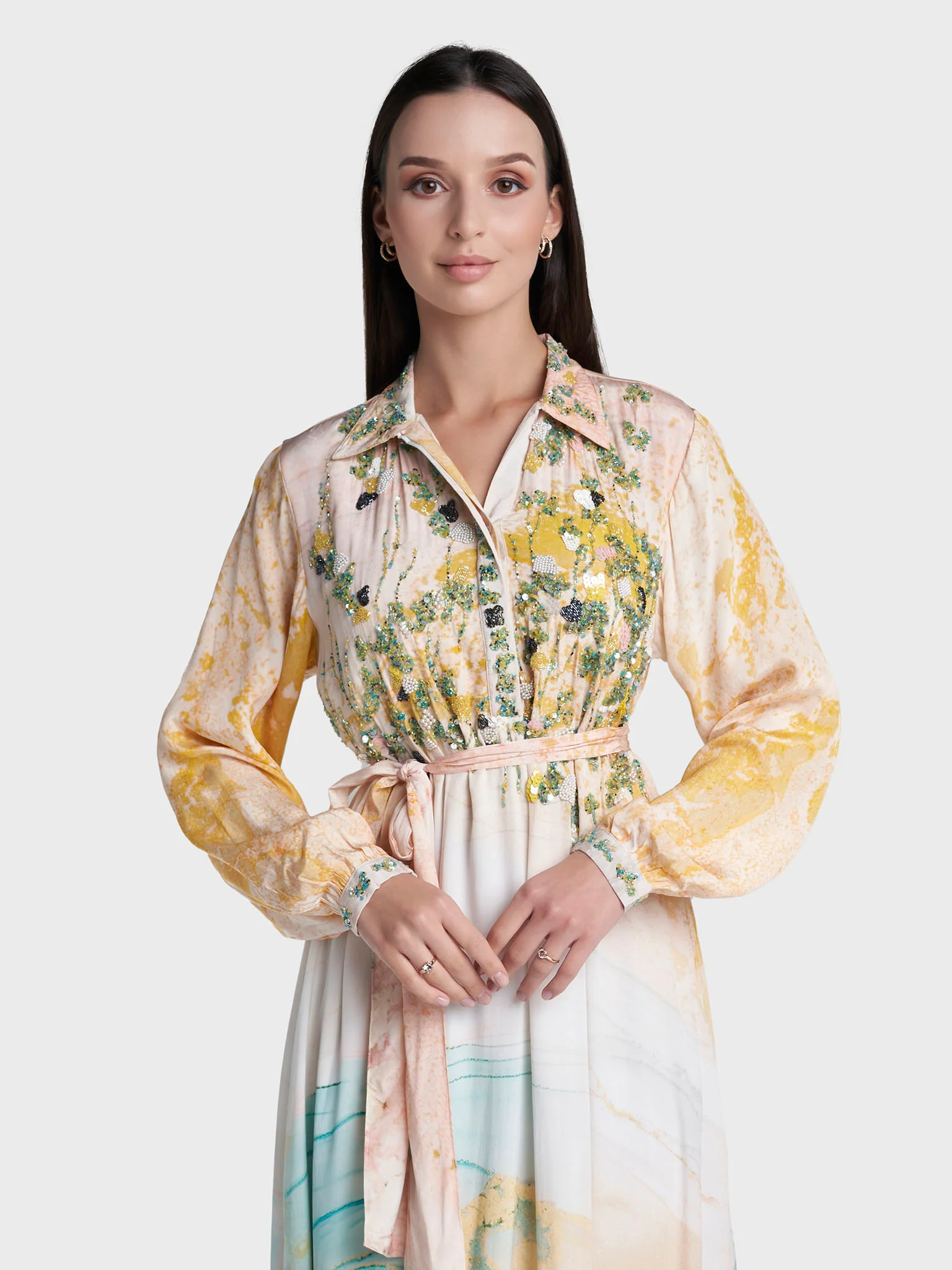 Light Peach Colour Abstract Print Viscose Crepe Hand Work Dress (VDV49A)