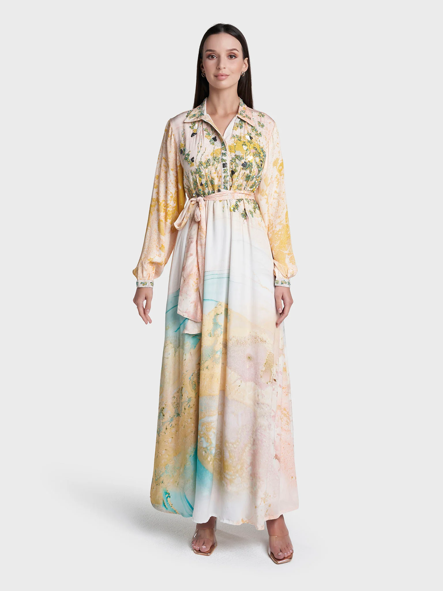Light Peach Colour Abstract Print Viscose Crepe Hand Work Dress (VDV49A) - Image 2