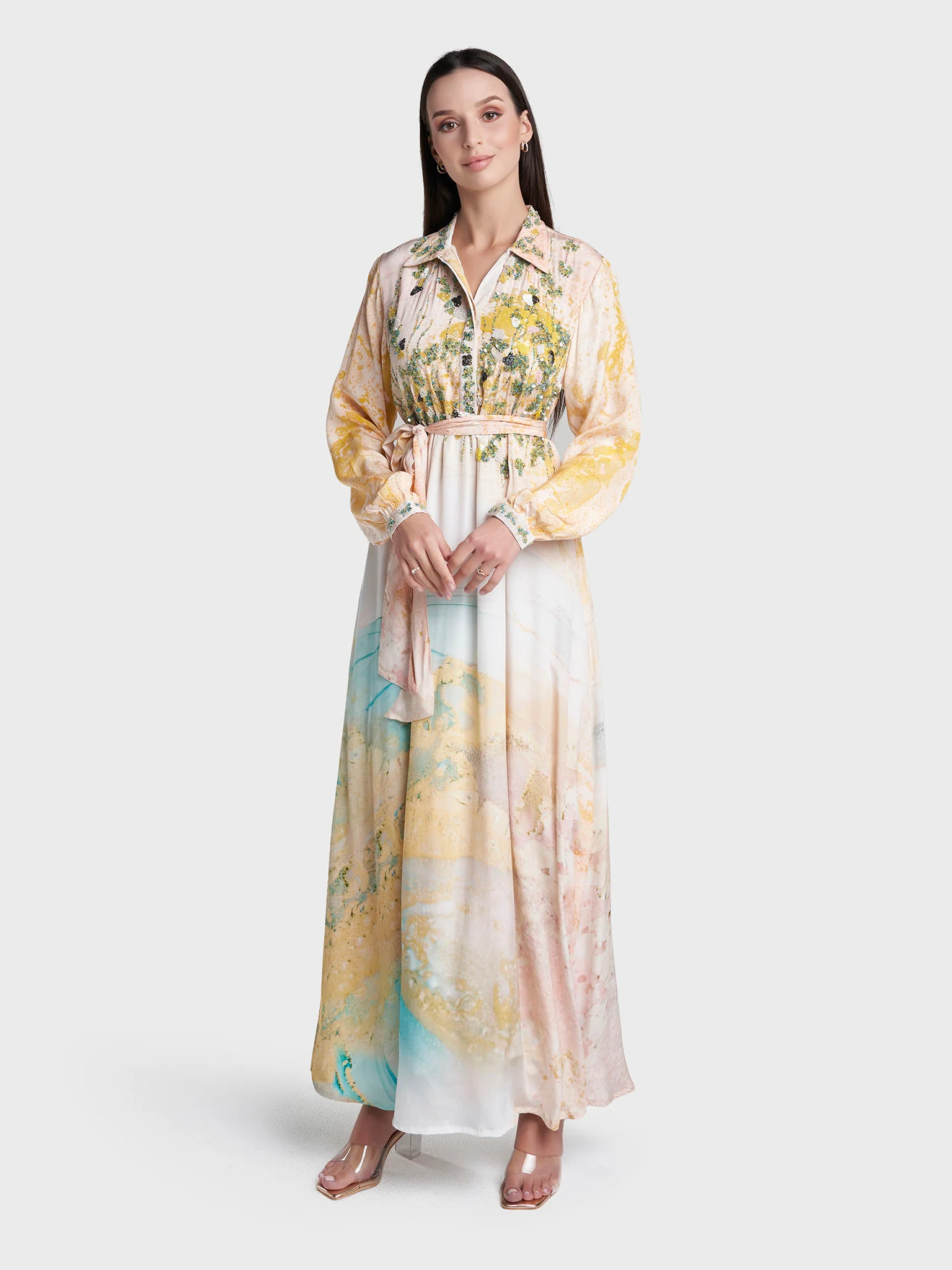 Light Peach Colour Abstract Print Viscose Crepe Hand Work Dress (VDV49A) - Image 3