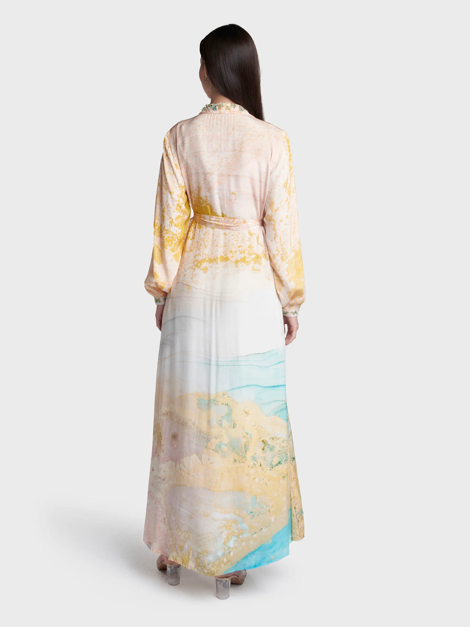 Light Peach Colour Abstract Print Viscose Crepe Hand Work Dress (VDV49A) - Image 4