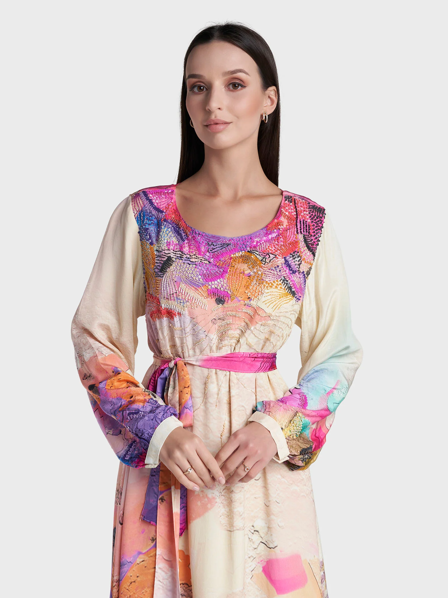 Multi Colour Abstract Print Viscose Crepe Hand Work Dress (VDV62)