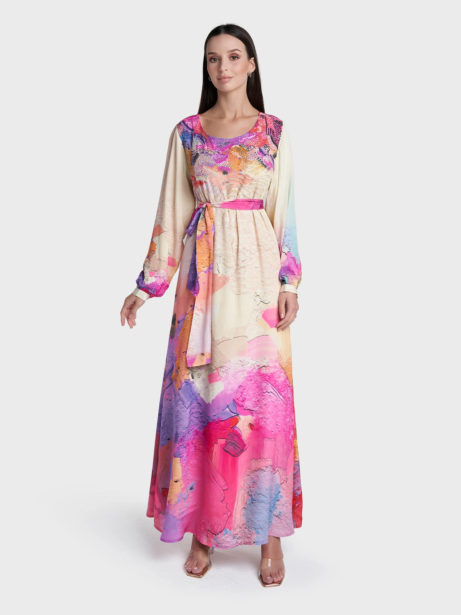 Multi Colour Abstract Print Viscose Crepe Hand Work Dress (VDV62) - Image 2