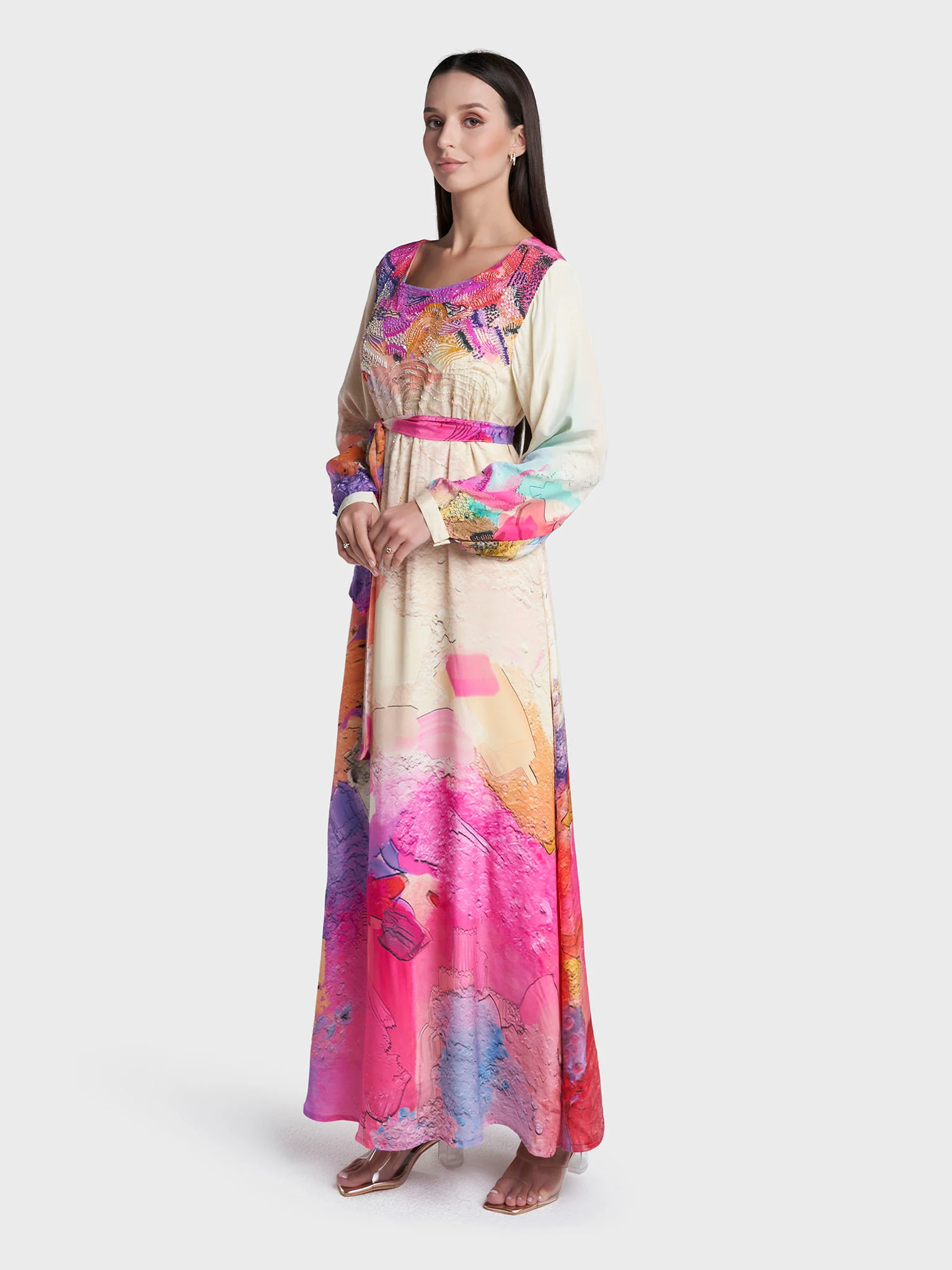 Multi Colour Abstract Print Viscose Crepe Hand Work Dress (VDV62) - Image 3
