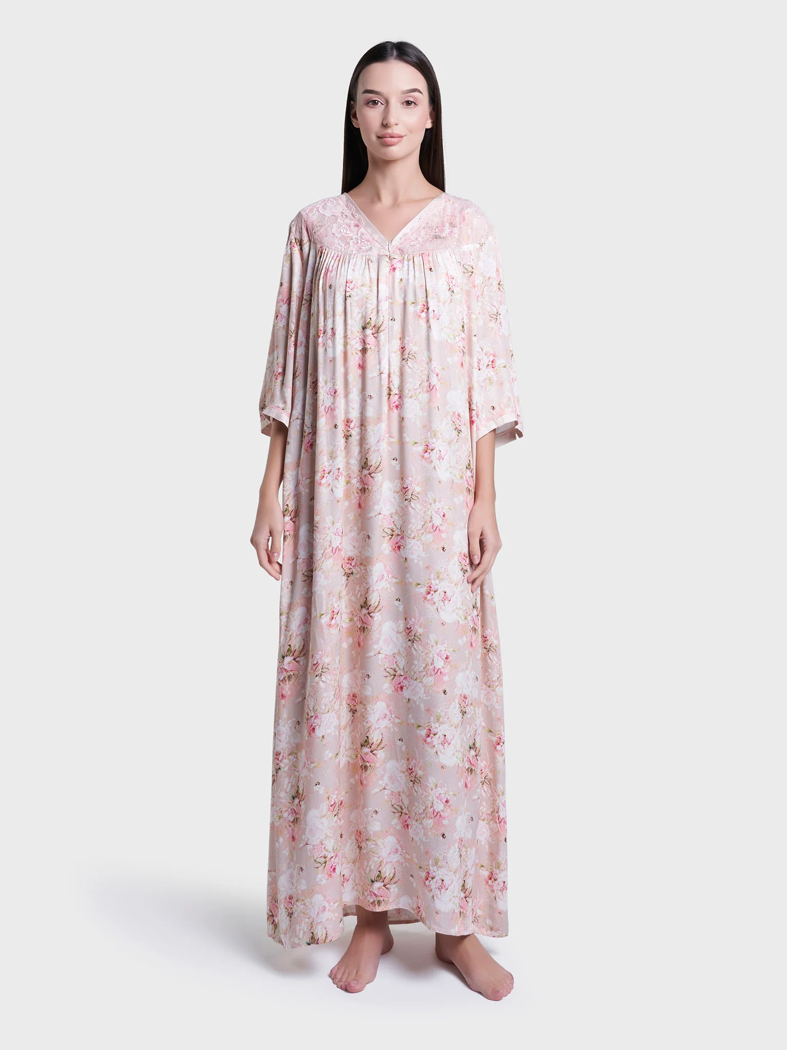 Pearl Blush Floral Print Long Nightwear Dress (CNH414) - Image 2