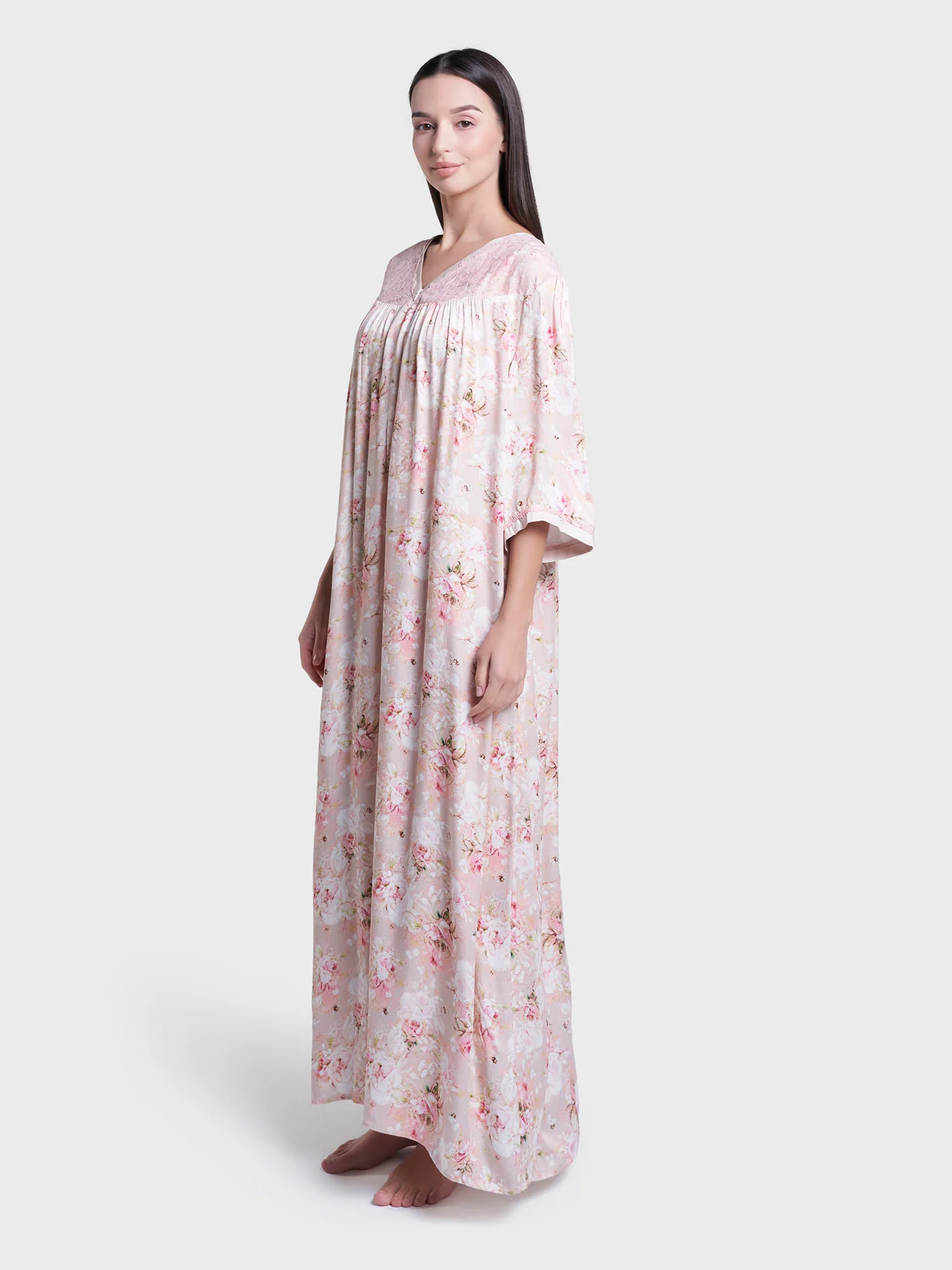 Pearl Blush Floral Print Long Nightwear Dress (CNH414) - Image 3