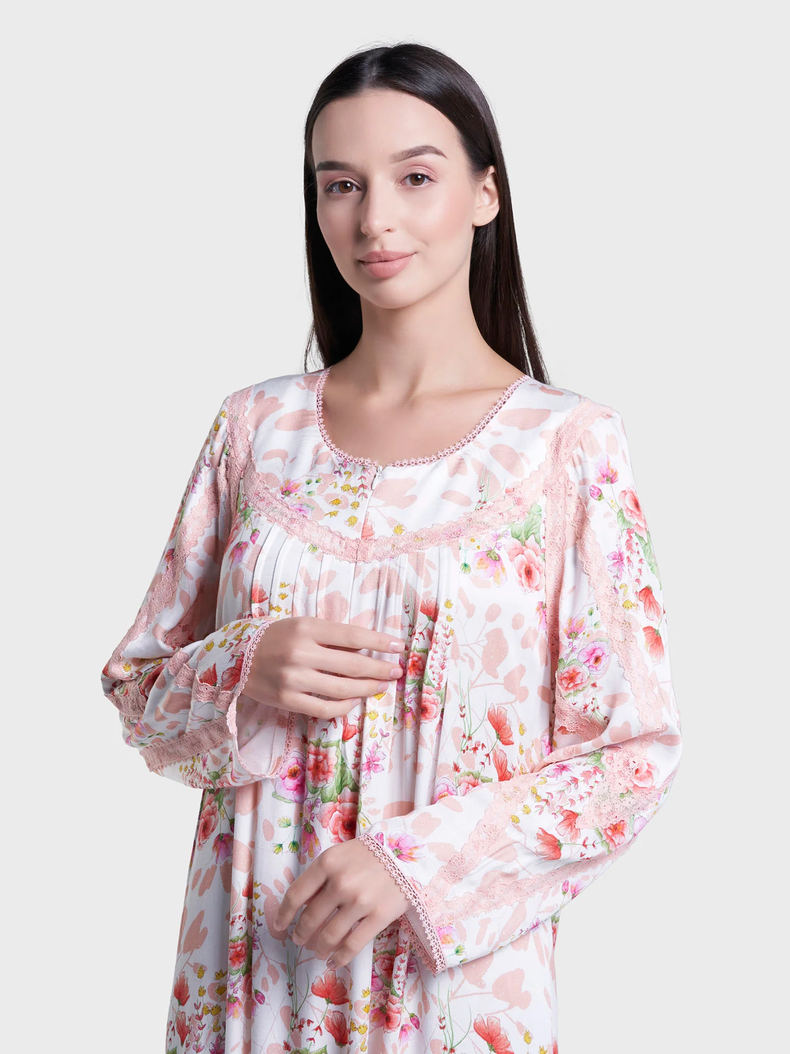 Off White Floral Print Long Nightwear Dress (CNH463)