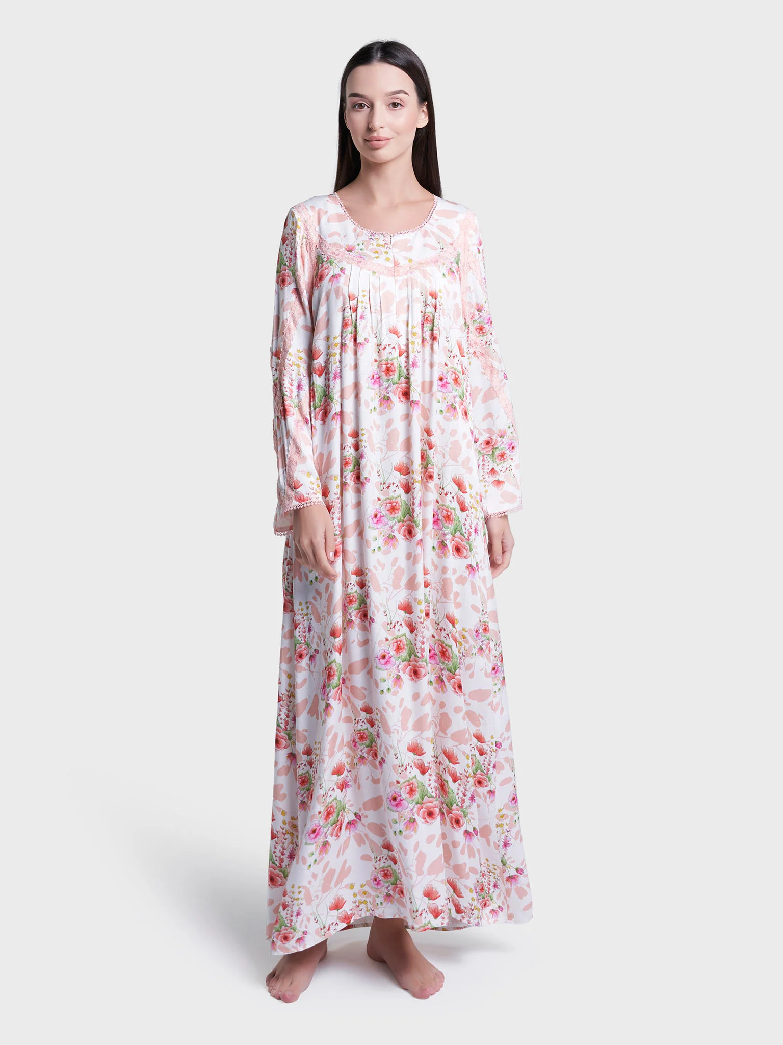 Off White Floral Print Long Nightwear Dress (CNH463) - Image 2
