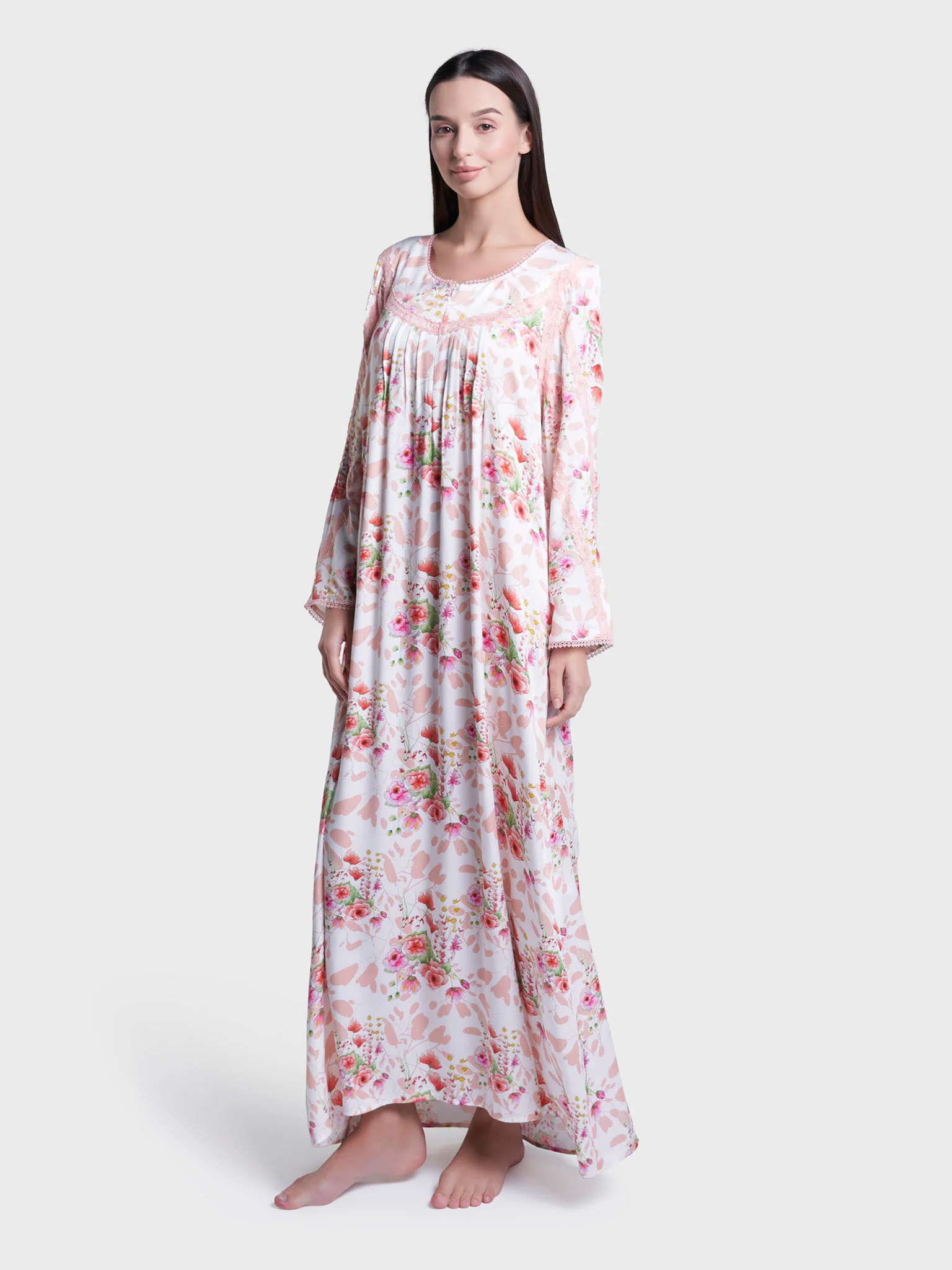 Off White Floral Print Long Nightwear Dress (CNH463) - Image 3
