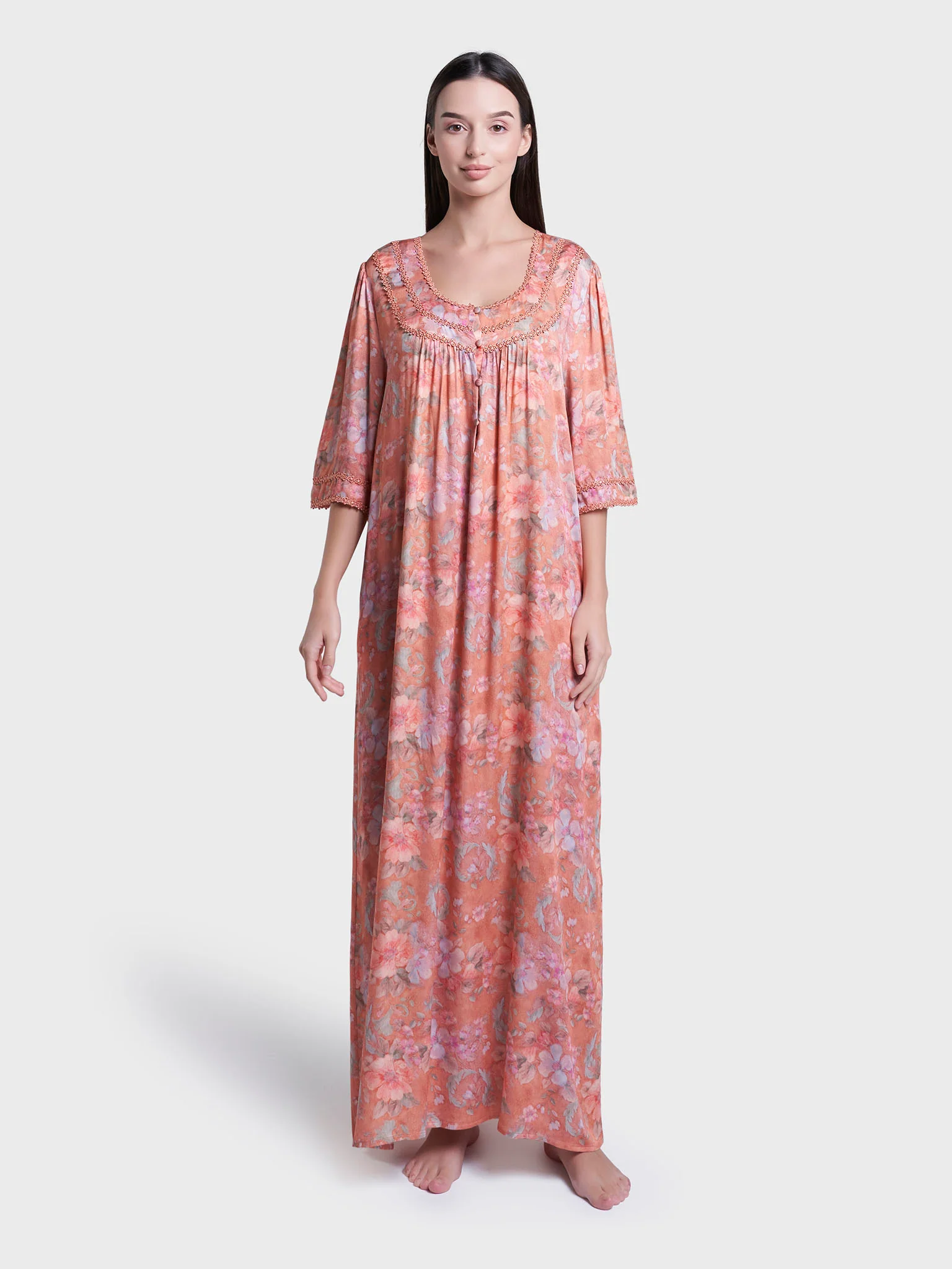 Papaya Floral Print Viscose Long Nightwear Dress (CNH464) - Image 2