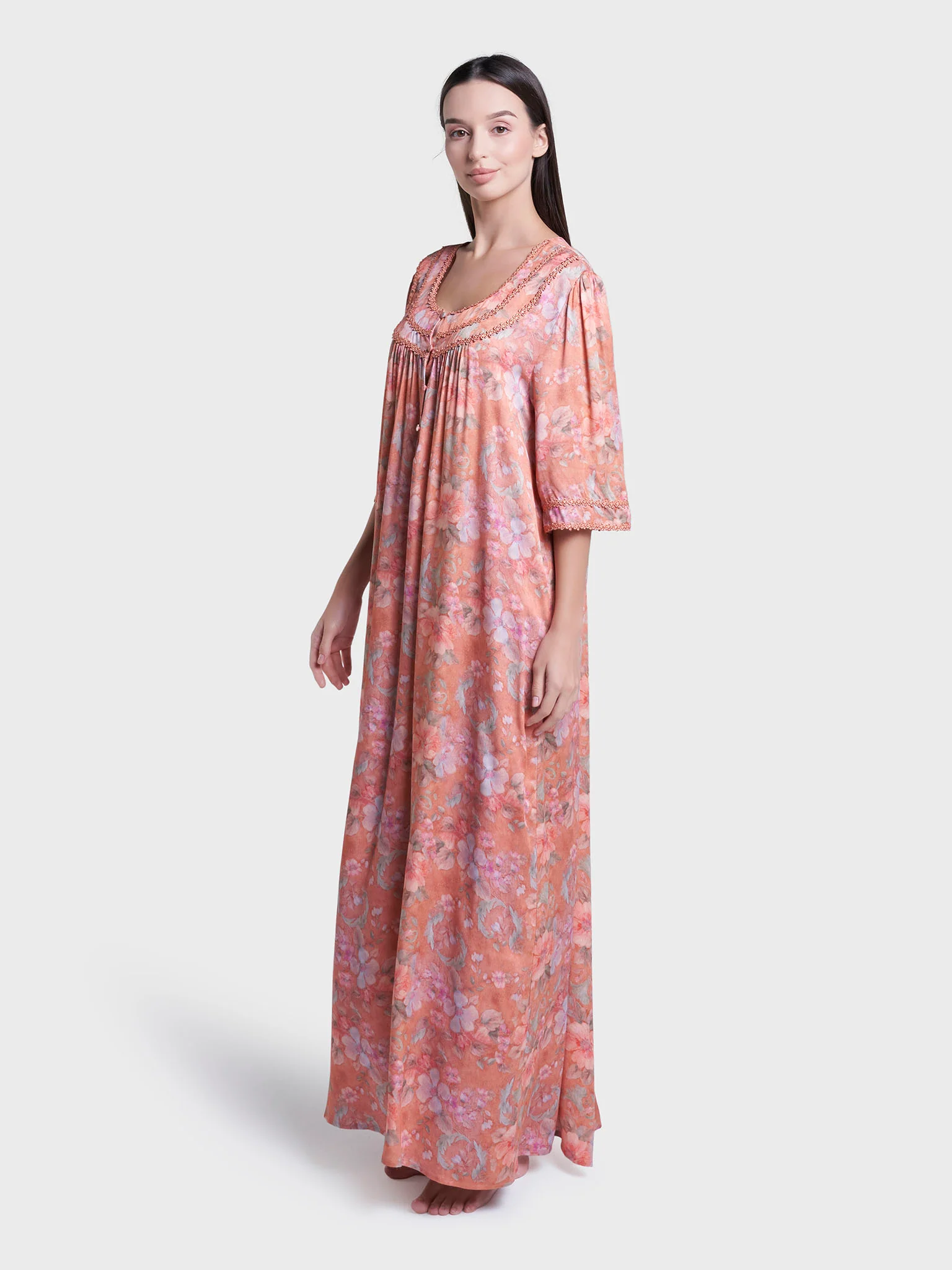 Papaya Floral Print Viscose Long Nightwear Dress (CNH464) - Image 3