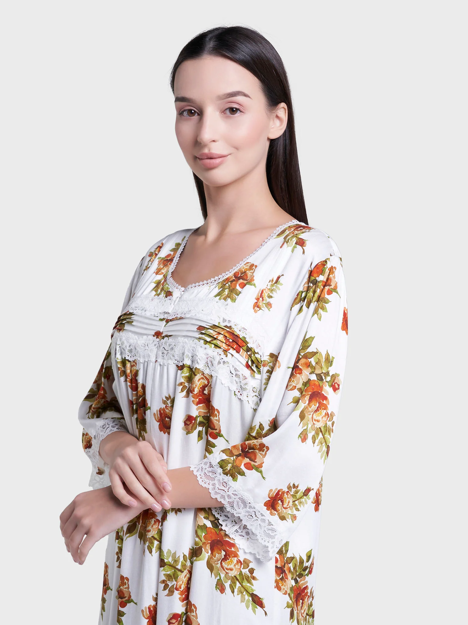 White Floral Print Long Nightwear Dress (CNH465)