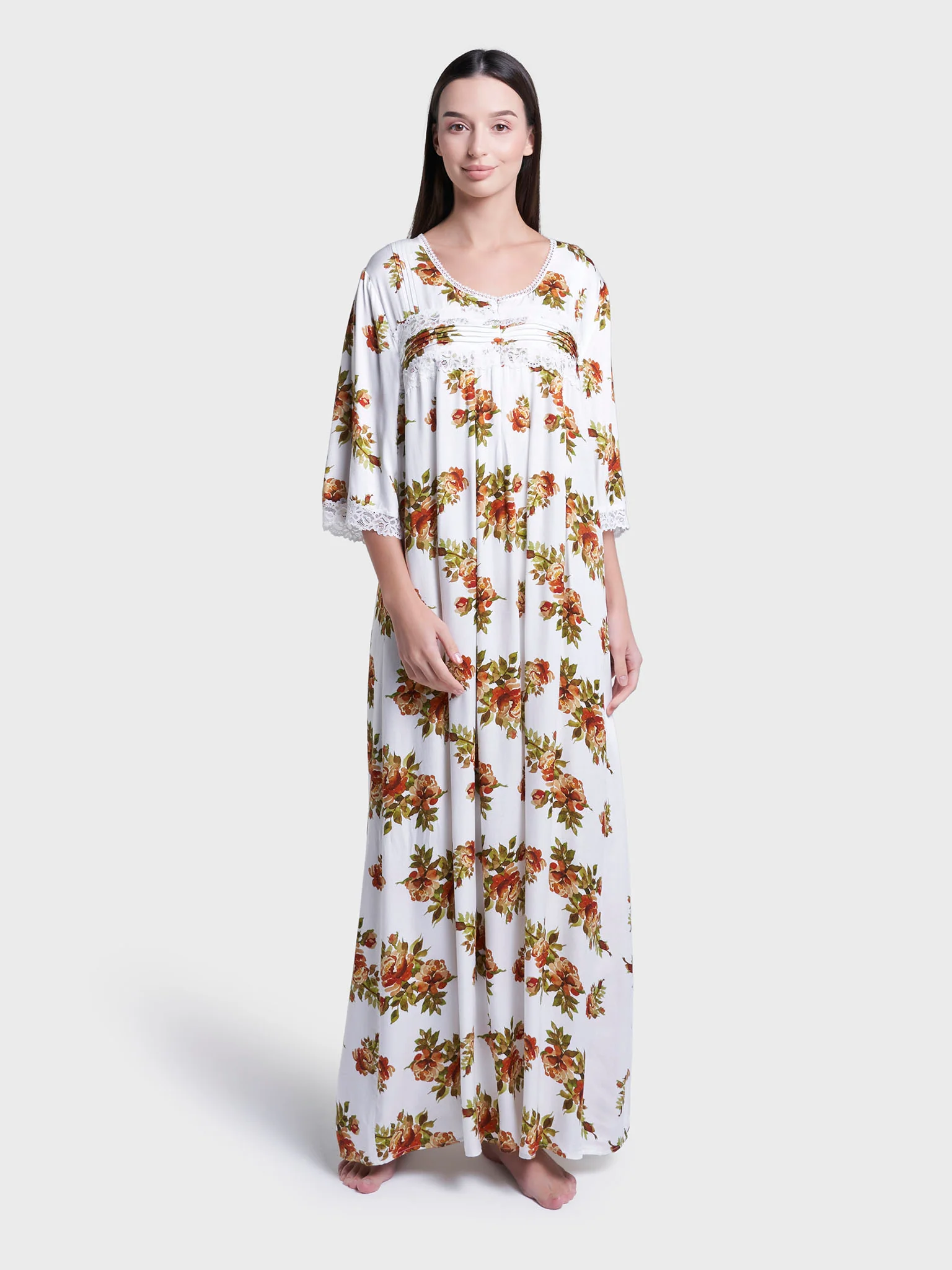 White Floral Print Long Nightwear Dress (CNH465) - Image 2