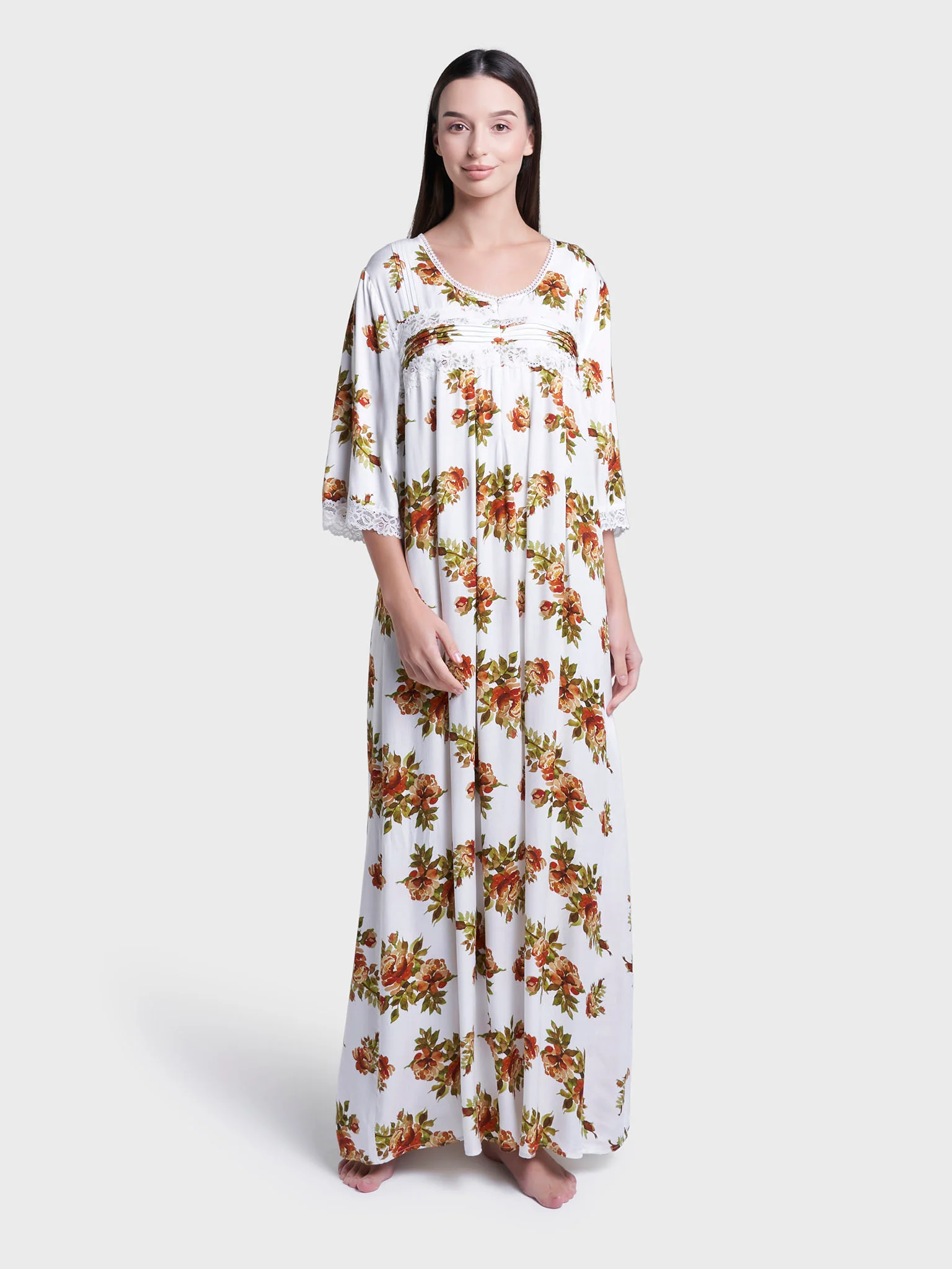 White Floral Print Long Nightwear Dress (CNH465) - Image 3