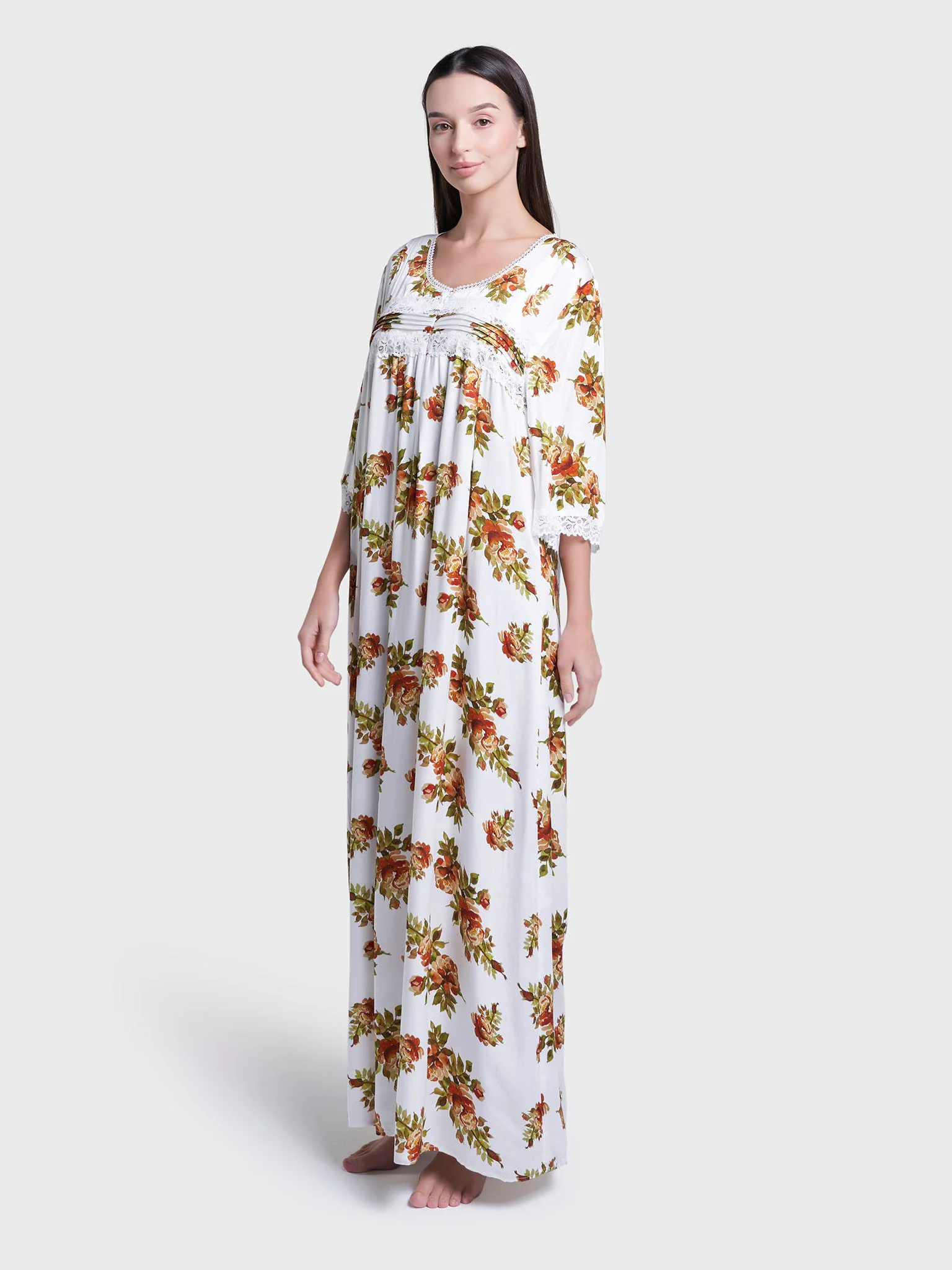 White Floral Print Long Nightwear Dress (CNH465) - Image 4