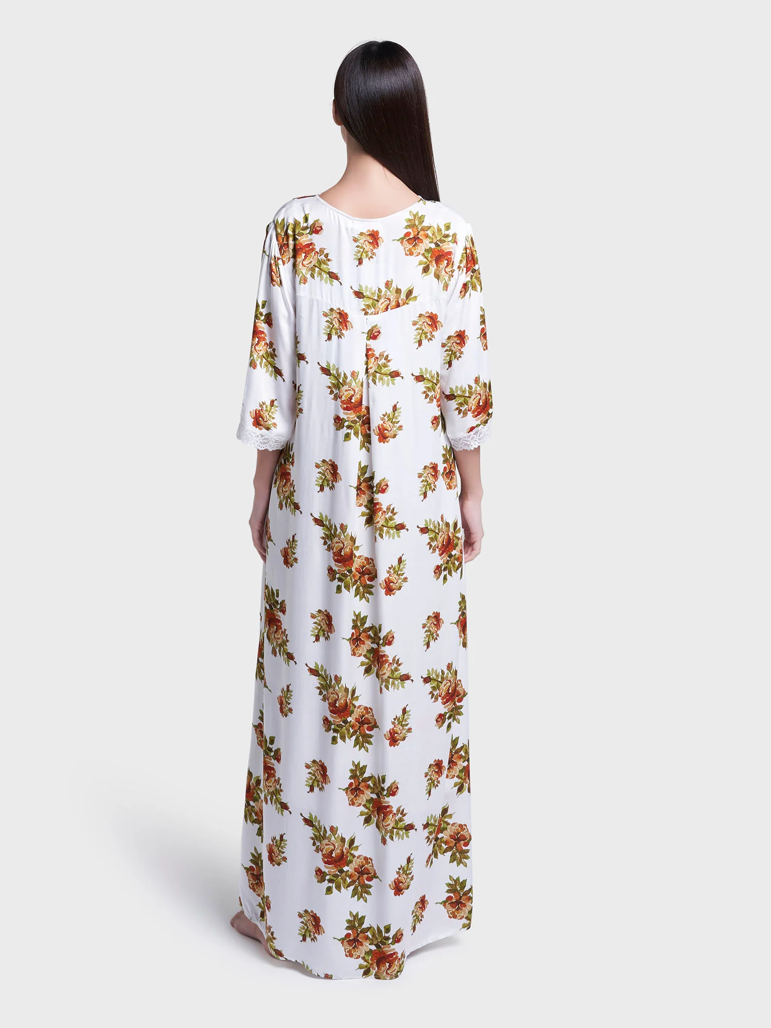 White Floral Print Long Nightwear Dress (CNH465) - Image 5