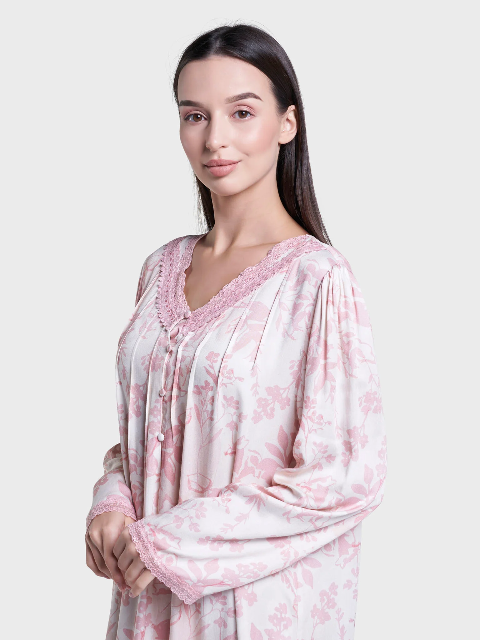 Peach Floral Print Viscose Long Nightwear Dress (CNH466)