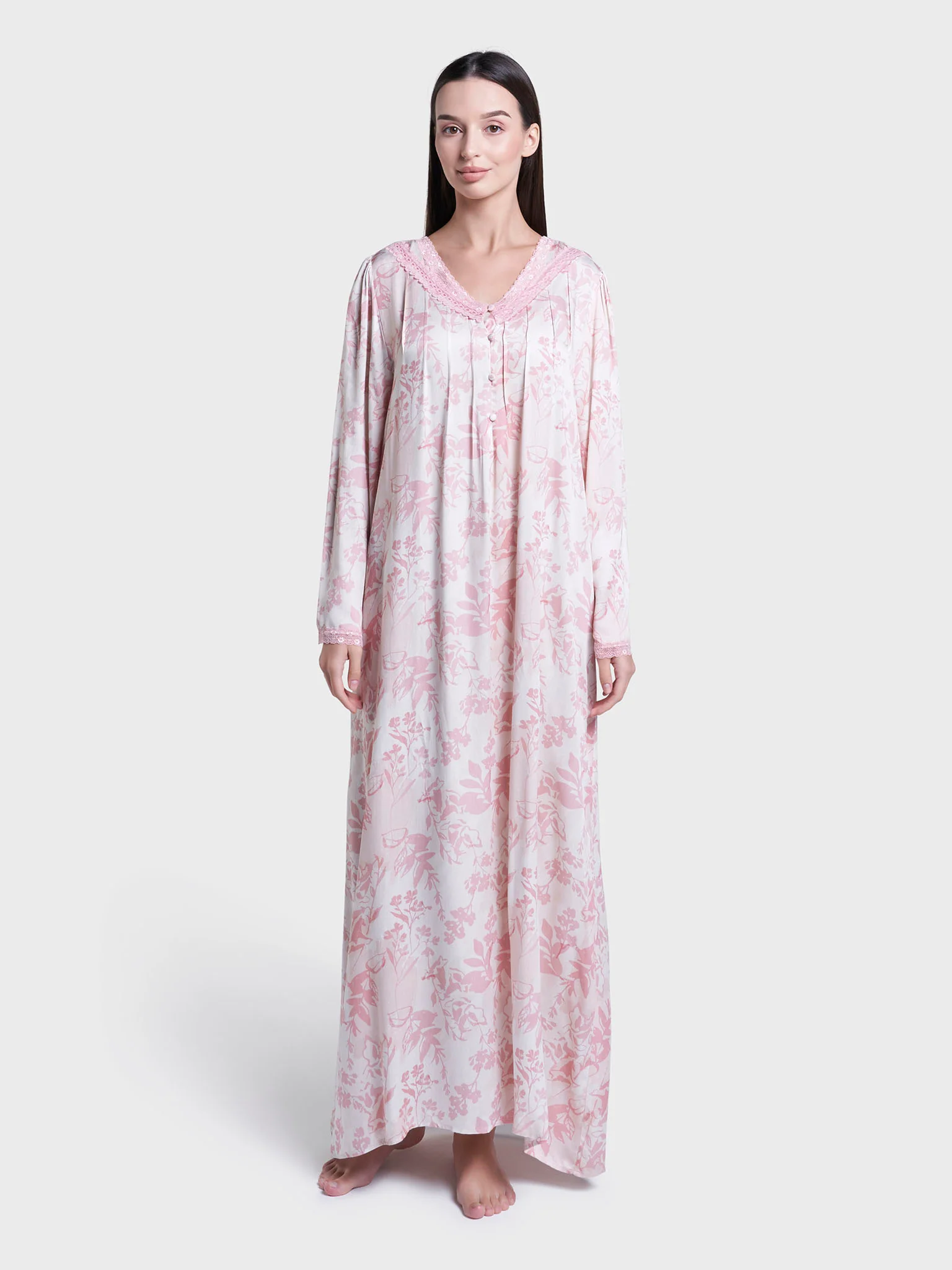 Peach Floral Print Viscose Long Nightwear Dress (CNH466) - Image 2