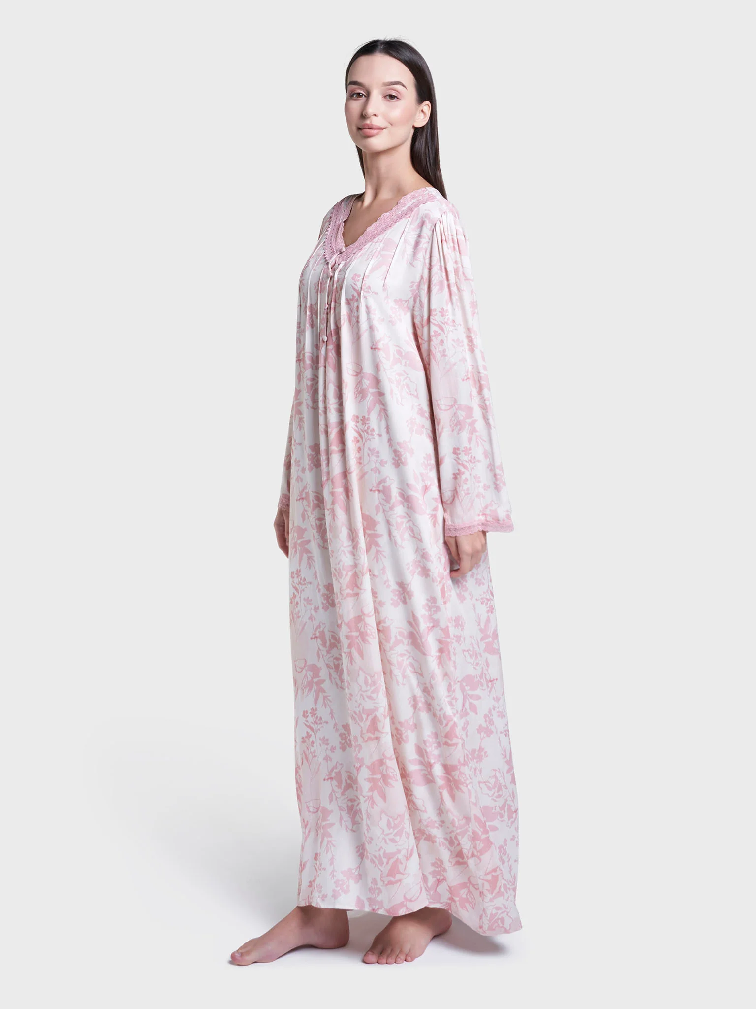 Peach Floral Print Viscose Long Nightwear Dress (CNH466) - Image 3