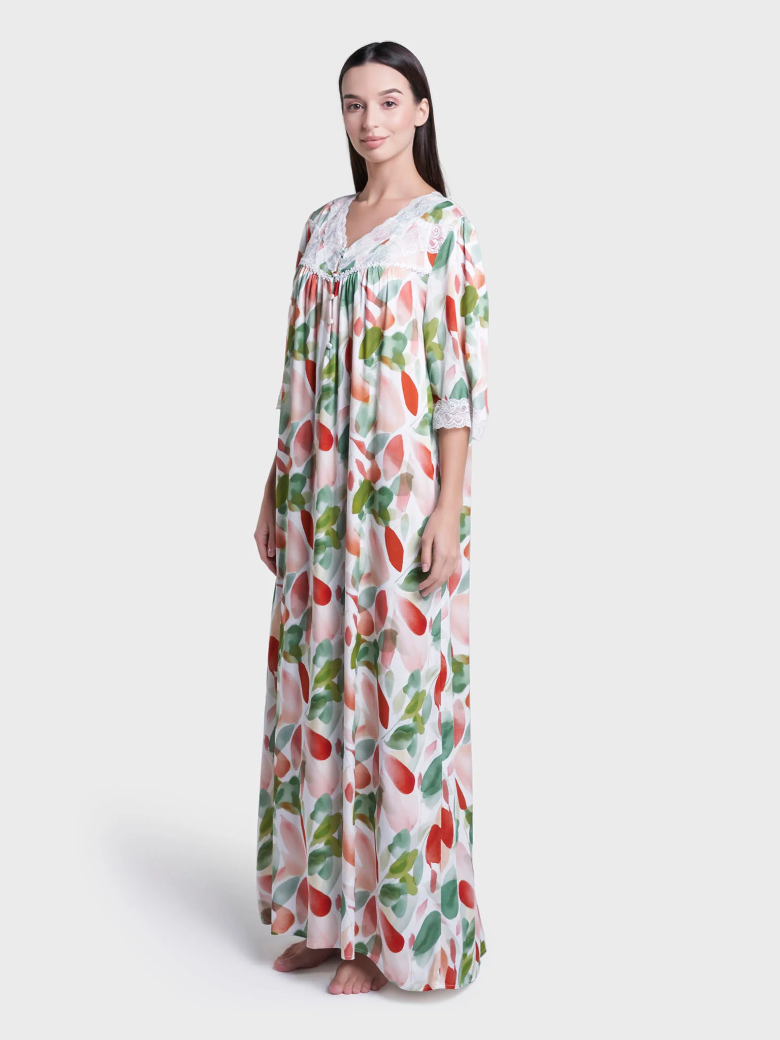 Multicolour Leaf Print Viscose Long Nightwear Dress (CNH469) - Image 3