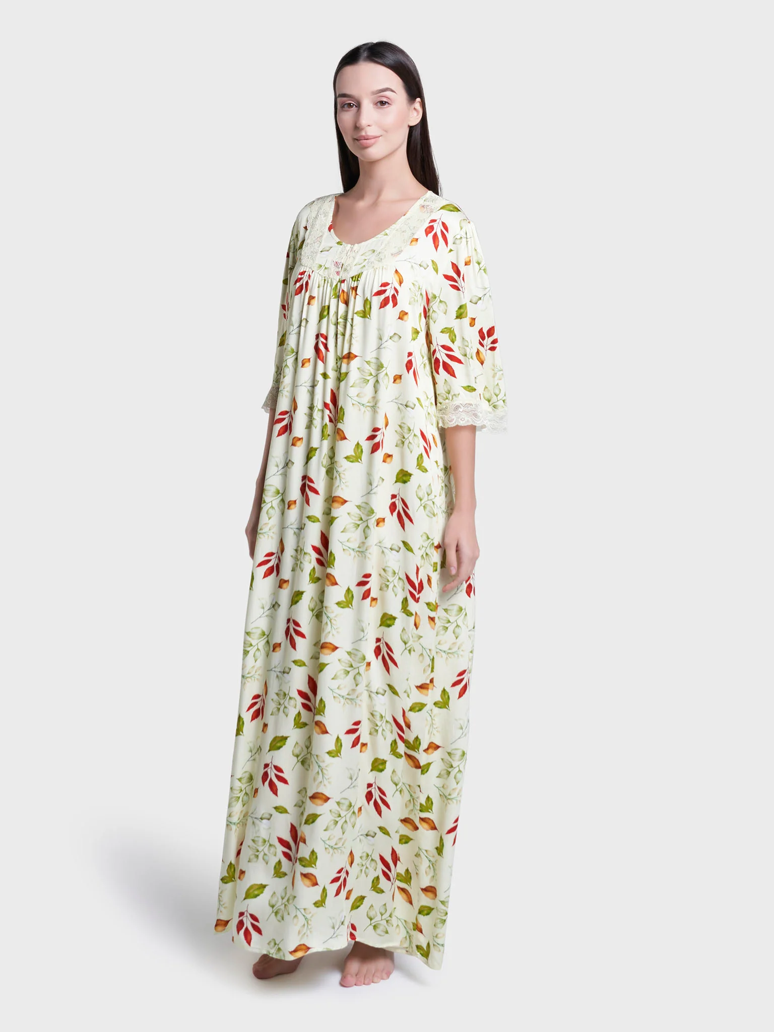 Olive Floral Print Viscose Long Nightwear Dress (CNH470) - Image 3