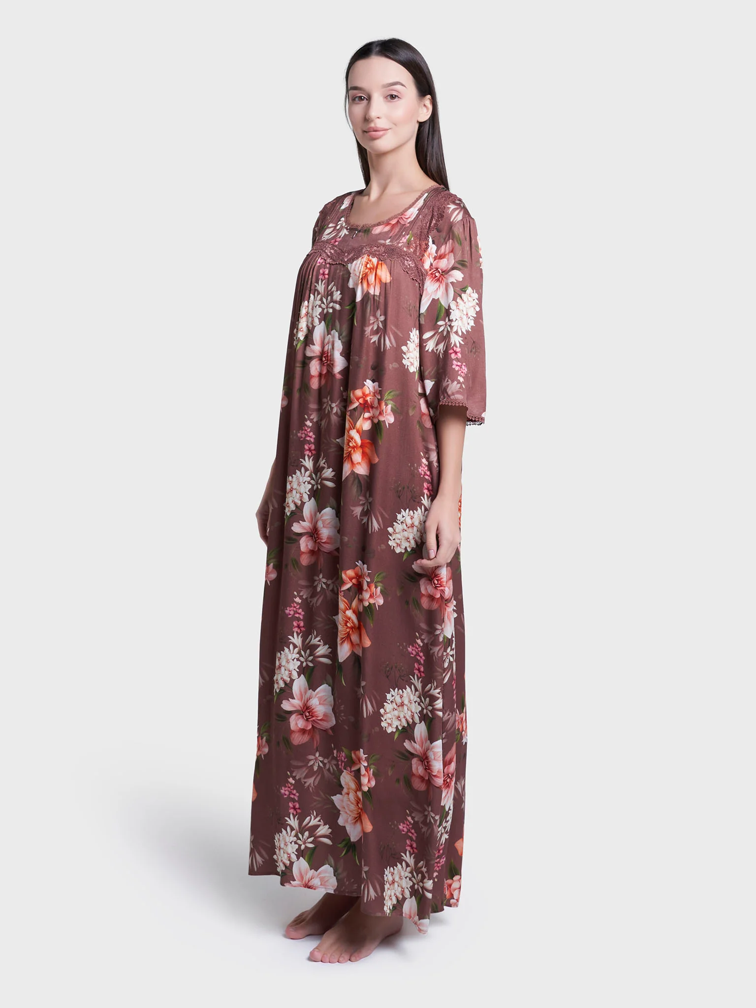 Ash Rose Floral Print Long Nightwear Dress (CNH471) - Image 3