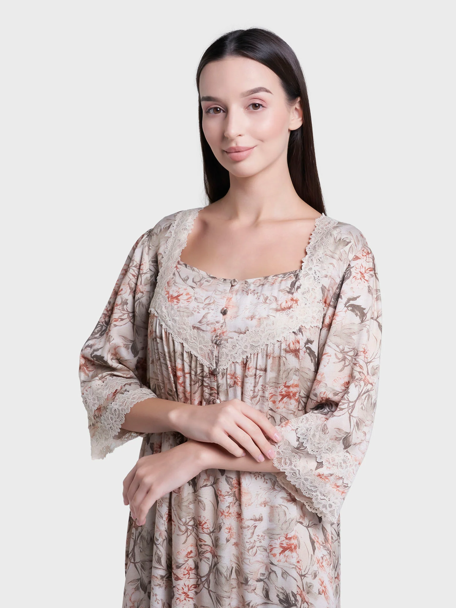 Sand Colour Floral Print Viscose Long Nightwear Dress (CNH473)