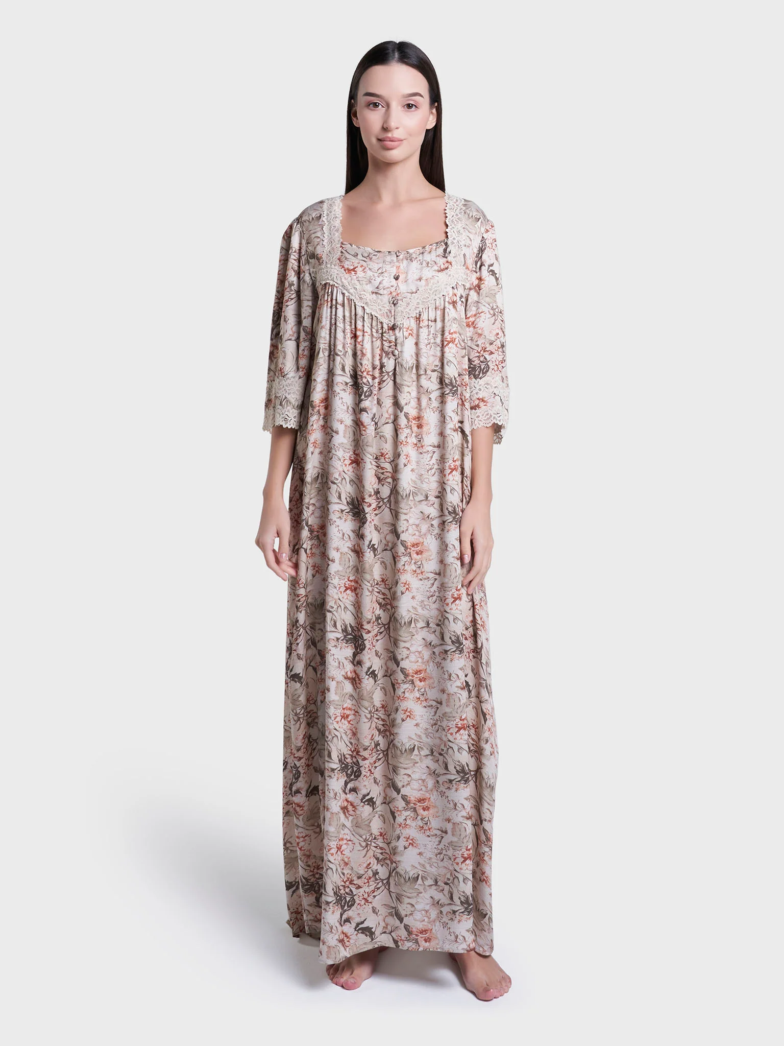 Sand Colour Floral Print Viscose Long Nightwear Dress (CNH473) - Image 2