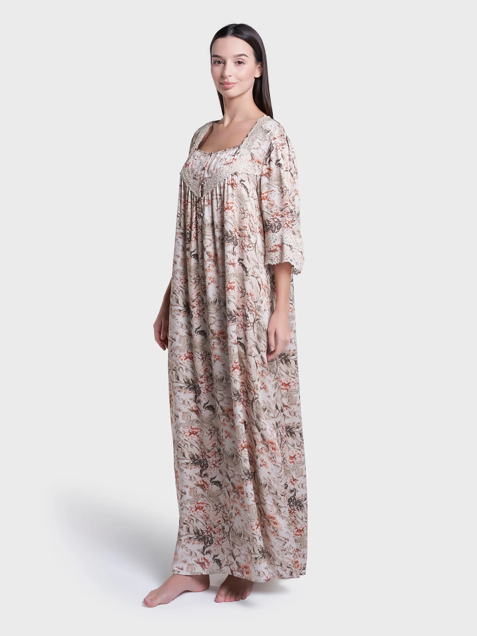 Sand Colour Floral Print Viscose Long Nightwear Dress (CNH473) - Image 3