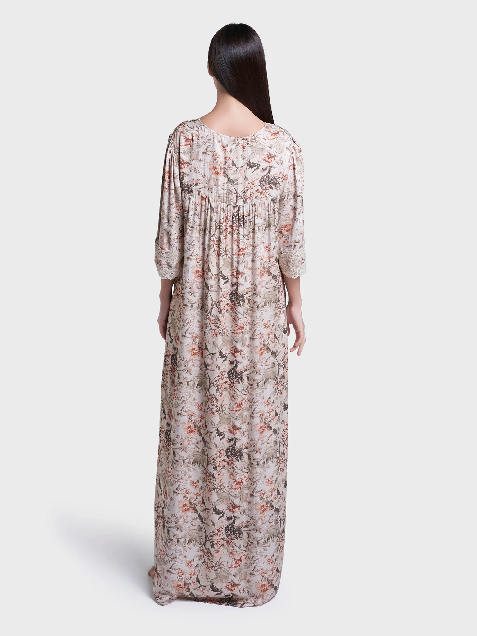 Sand Colour Floral Print Viscose Long Nightwear Dress (CNH473) - Image 4