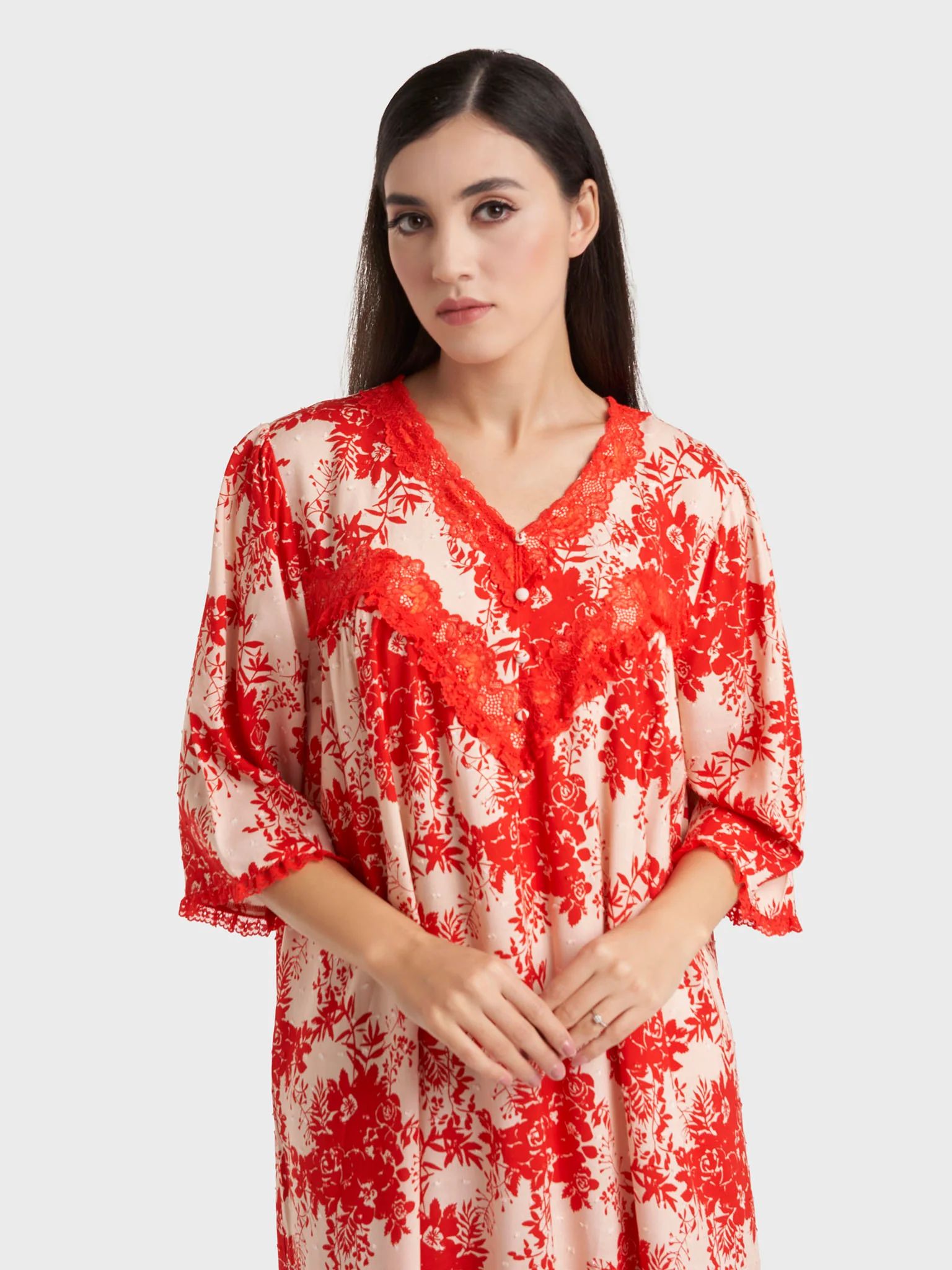 Coral Floral Print Rayon Long Nightwear Dress (CNH478)