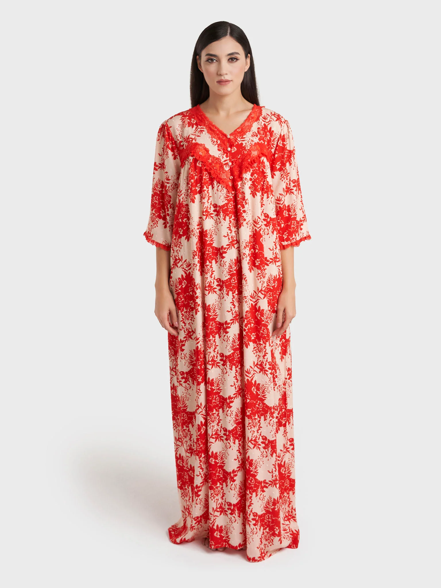 Coral Floral Print Rayon Long Nightwear Dress (CNH478) - Image 2