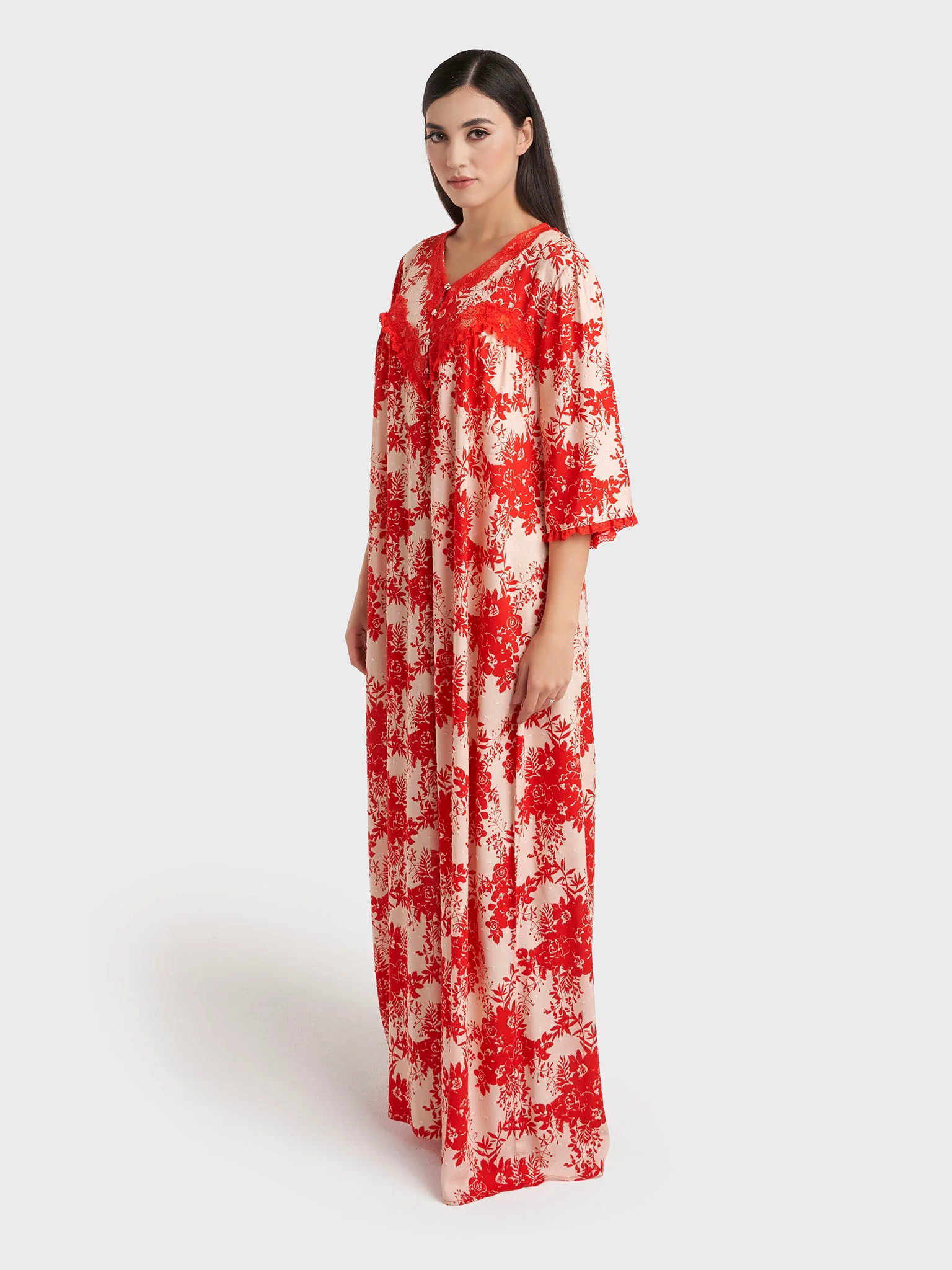 Coral Floral Print Rayon Long Nightwear Dress (CNH478) - Image 3