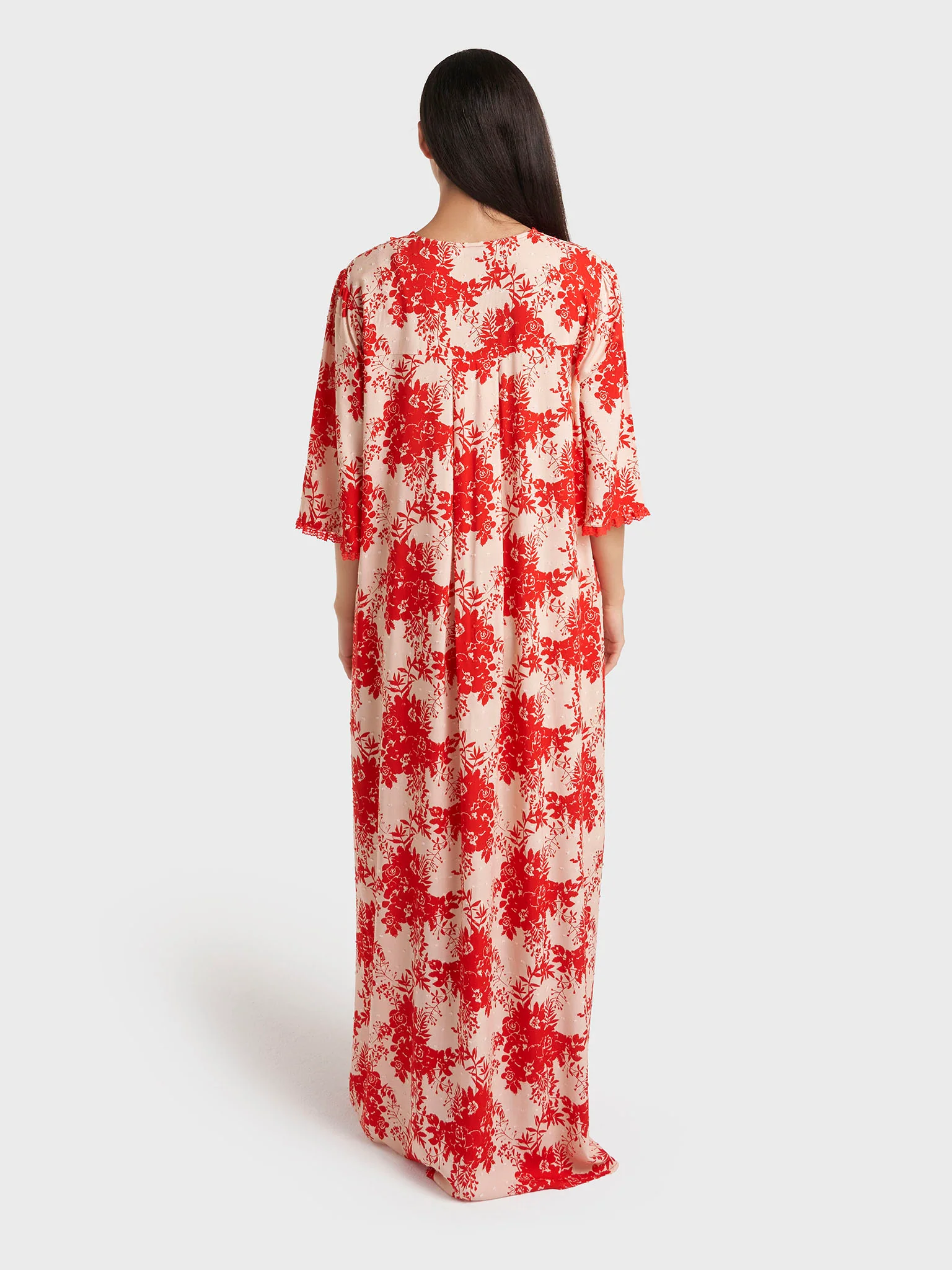 Coral Floral Print Rayon Long Nightwear Dress (CNH478) - Image 4