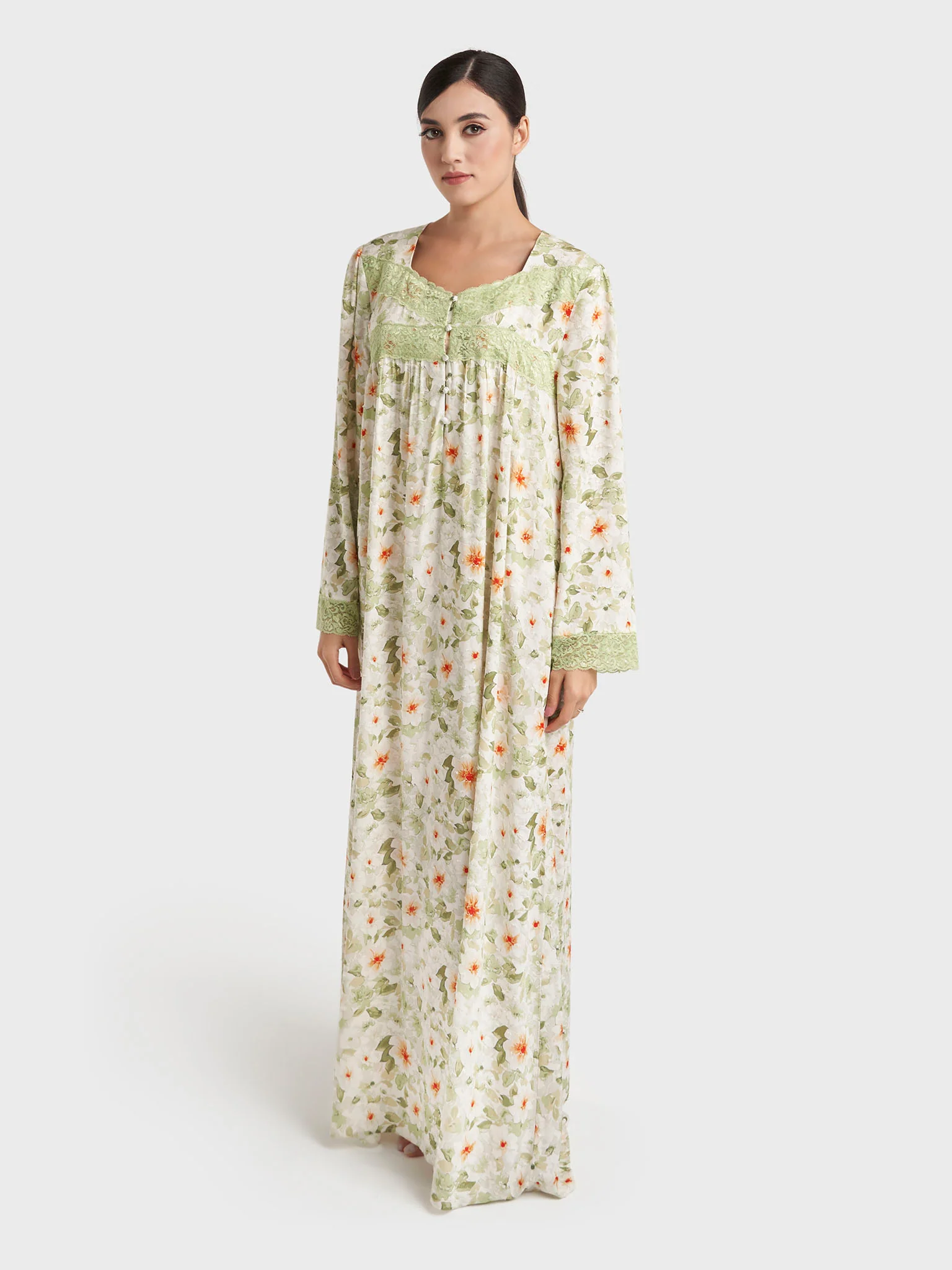 Dusty Green Floral Print Rayon Long Nightwear Dress (CNH480) - Image 3