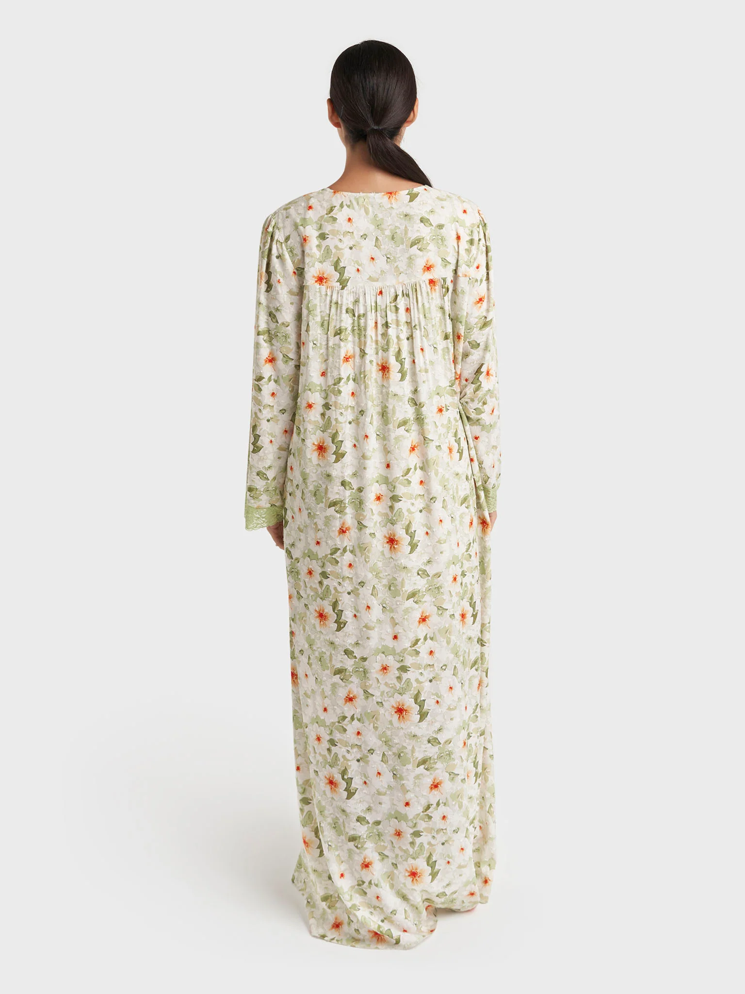 Dusty Green Floral Print Rayon Long Nightwear Dress (CNH480) - Image 4