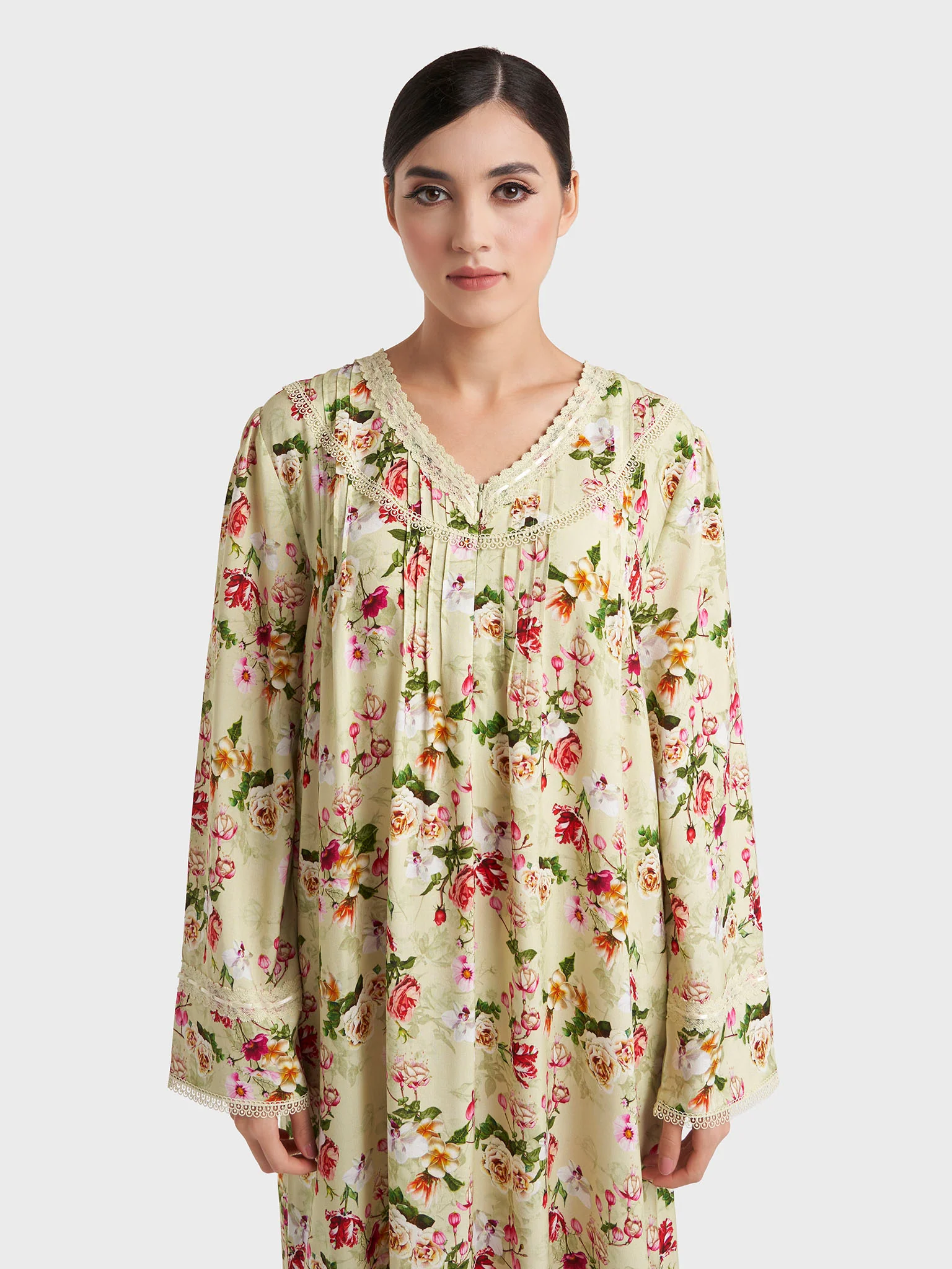 Mint Green Floral Print Rayon Long Nightwear Dress (CNH481)