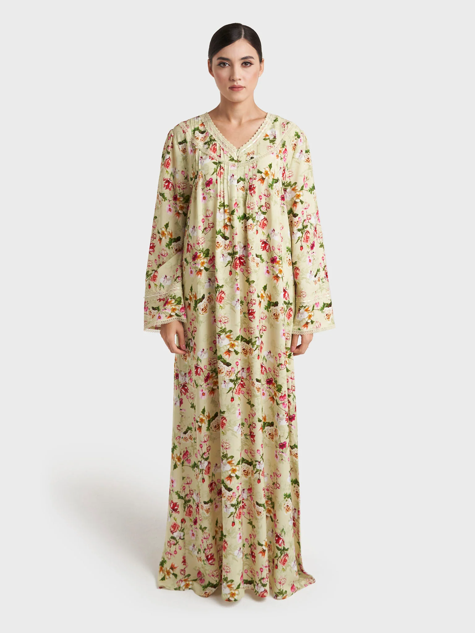 Mint Green Floral Print Rayon Long Nightwear Dress (CNH481) - Image 2