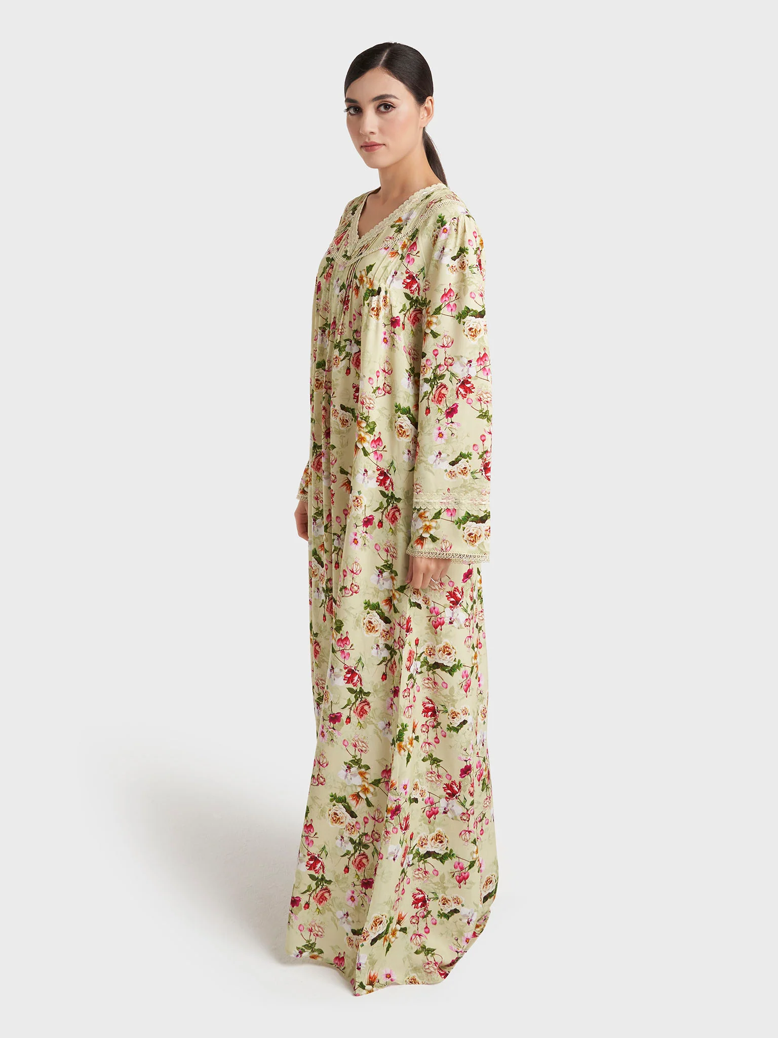 Mint Green Floral Print Rayon Long Nightwear Dress (CNH481) - Image 3