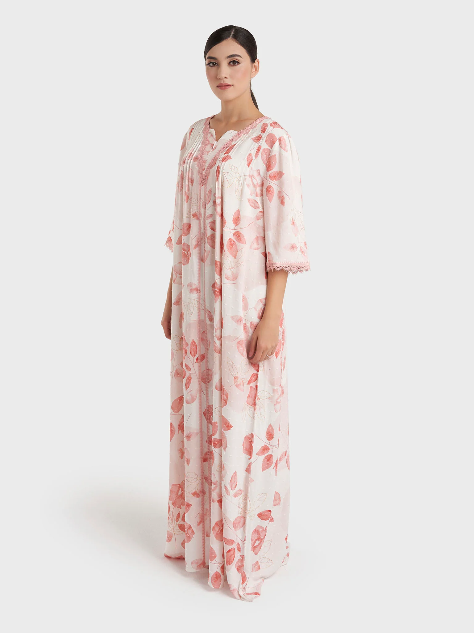 Rose Print Dobby Rayon Long Nightwear Dress (CNH482) - Image 4