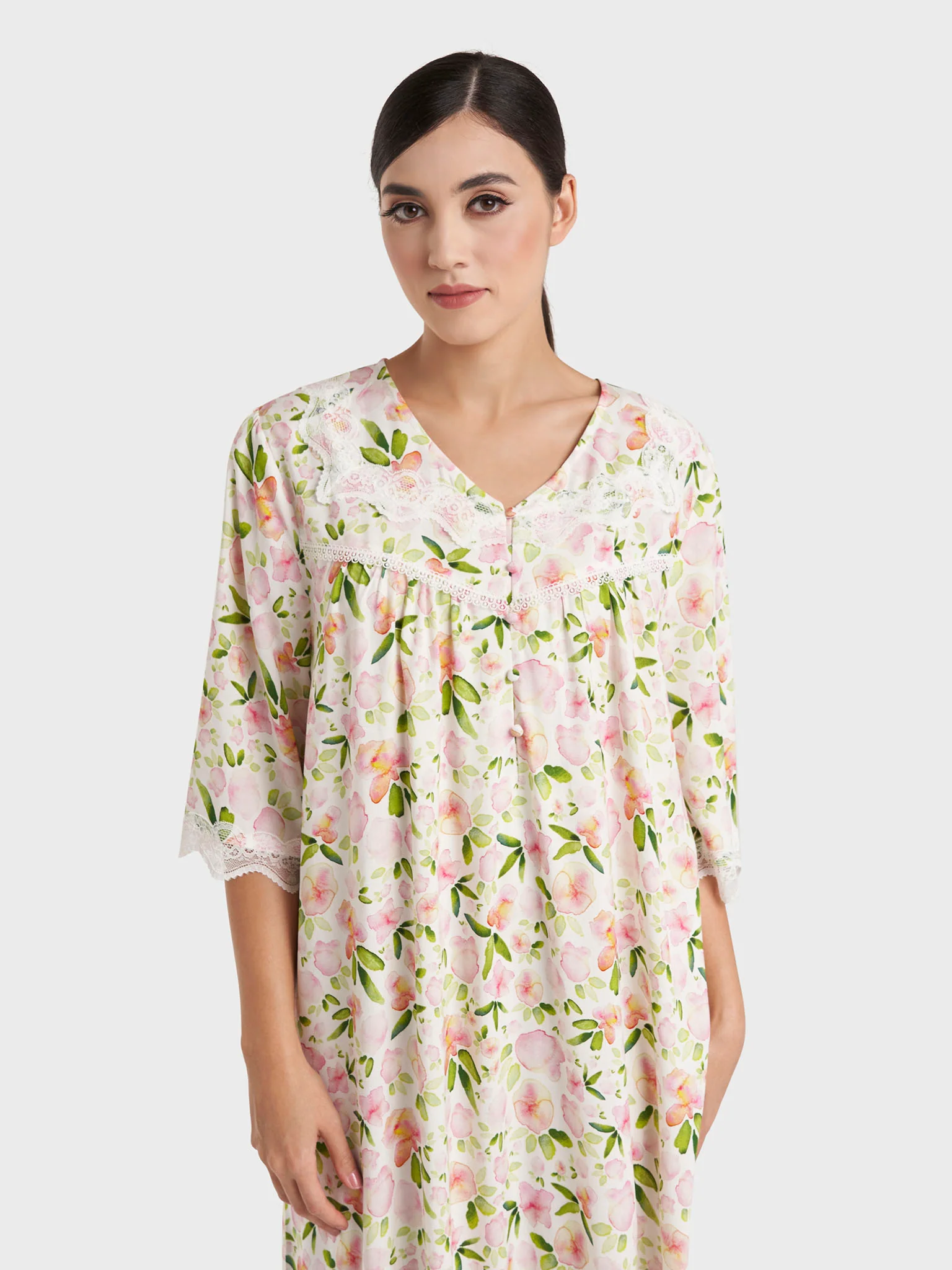 Rose Pink Floral Print Rayon Long Nightwear Dress (CNH483)