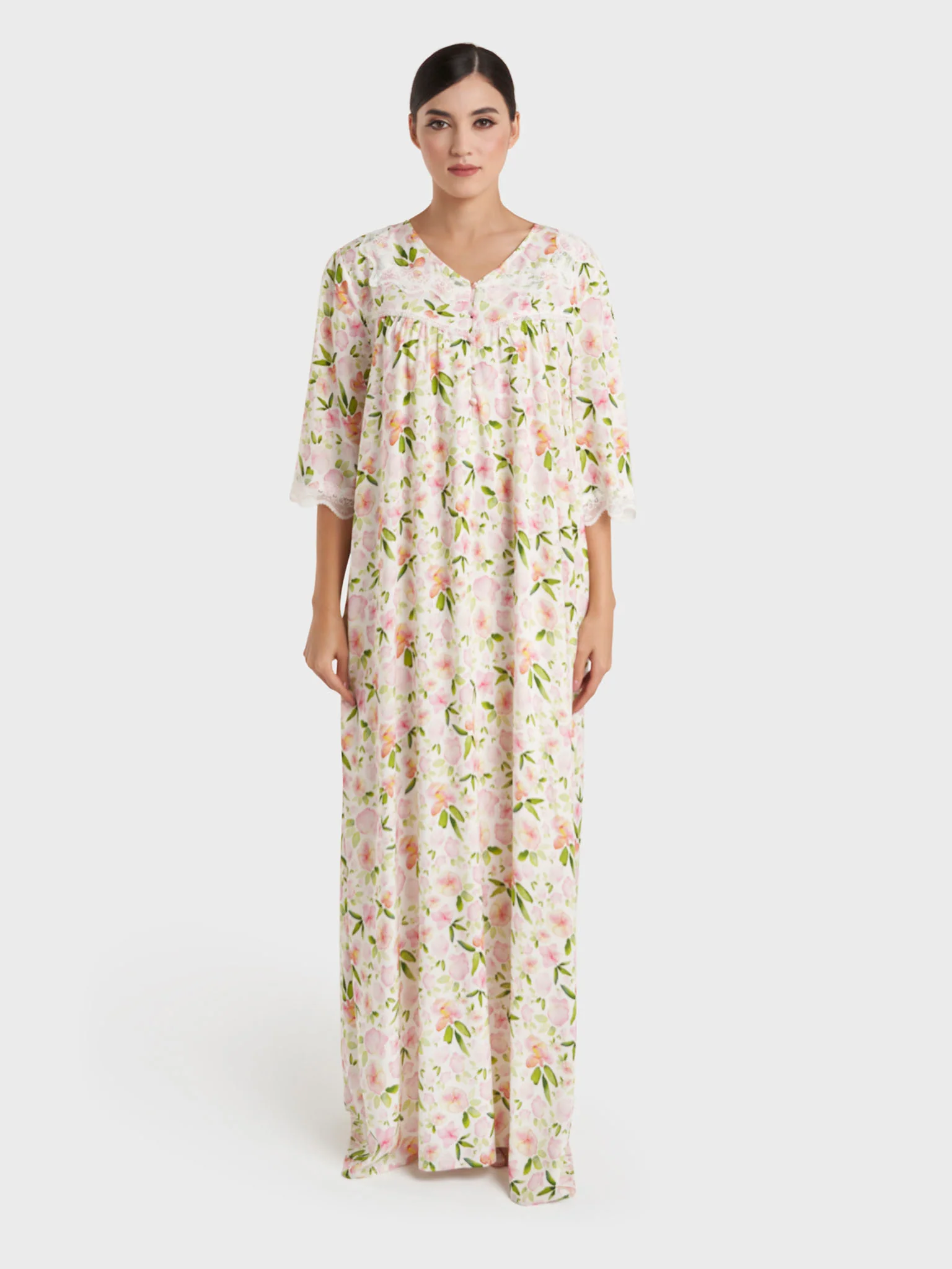 Rose Pink Floral Print Rayon Long Nightwear Dress (CNH483) - Image 2