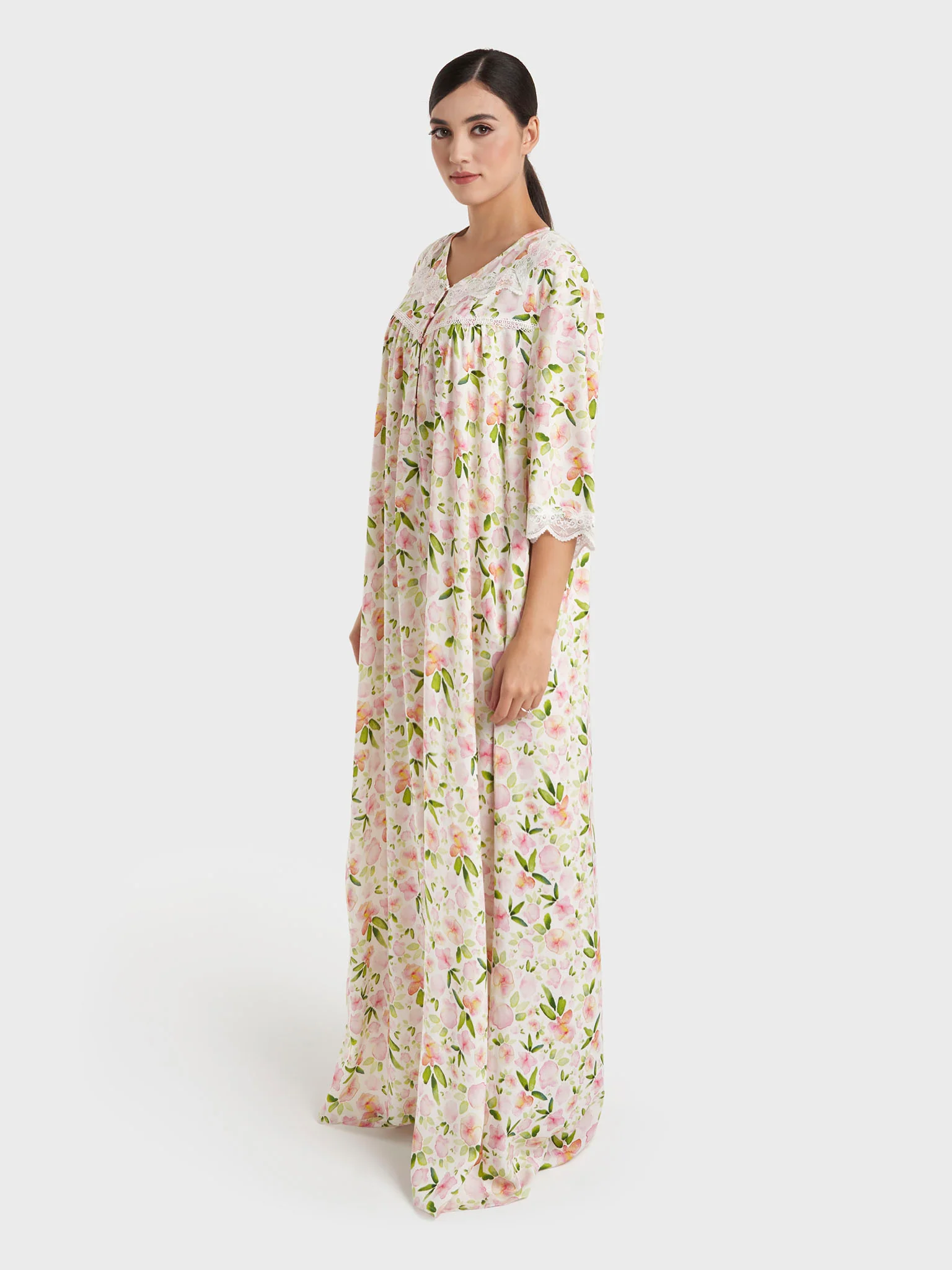 Rose Pink Floral Print Rayon Long Nightwear Dress (CNH483) - Image 3