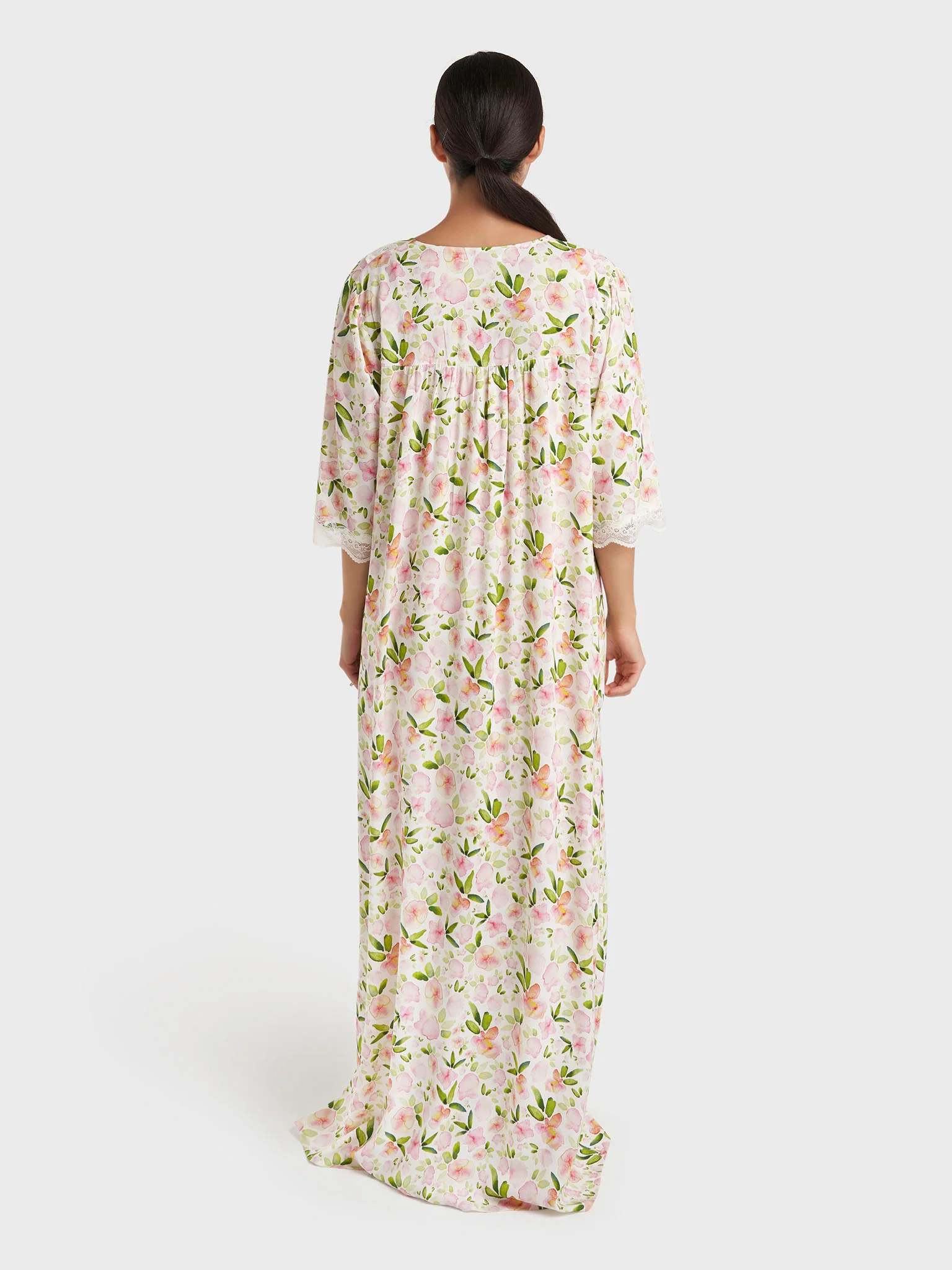 Rose Pink Floral Print Rayon Long Nightwear Dress (CNH483) - Image 4
