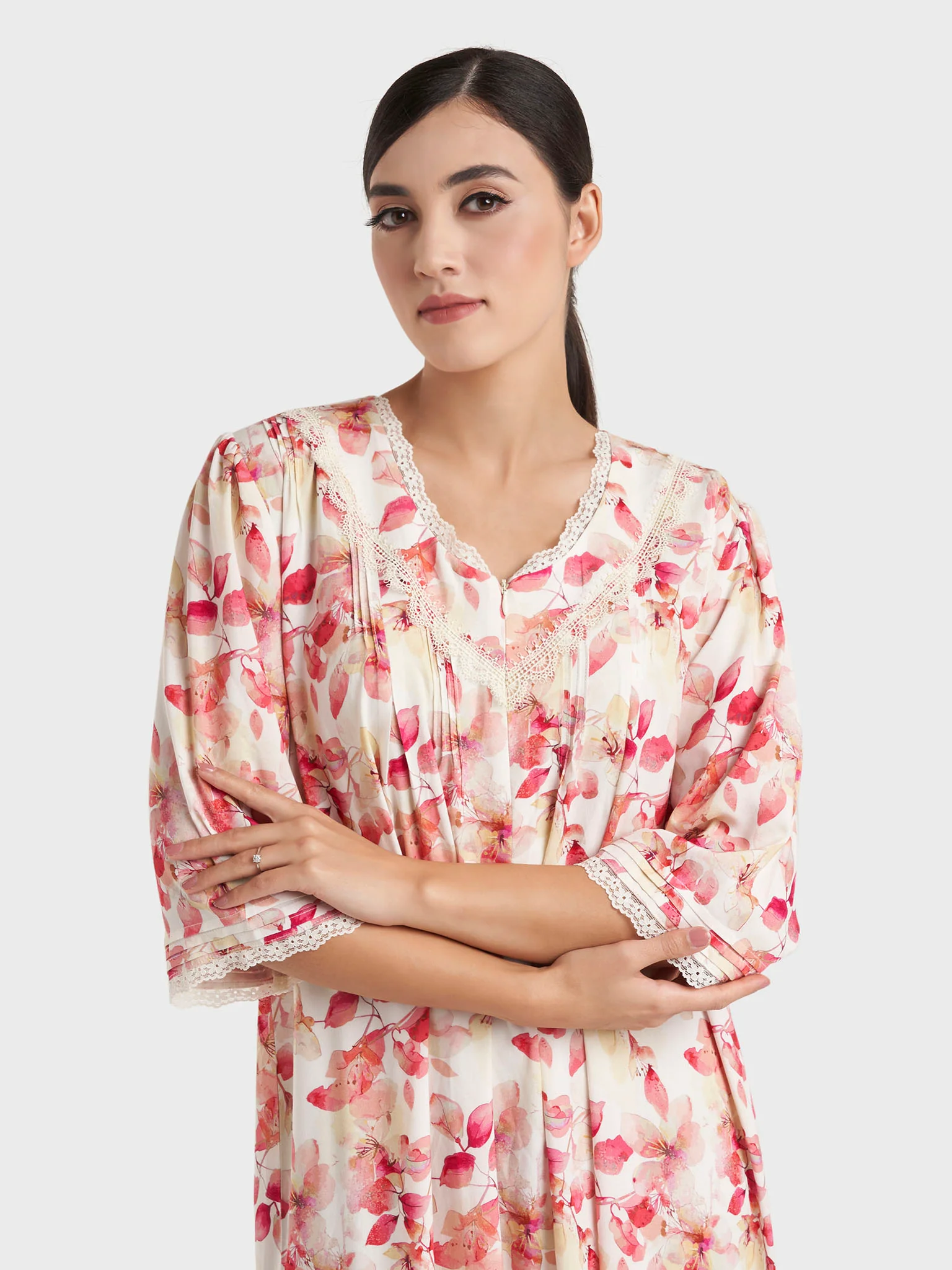 Red Print Rayon Long Nightwear Dress (CNH484)