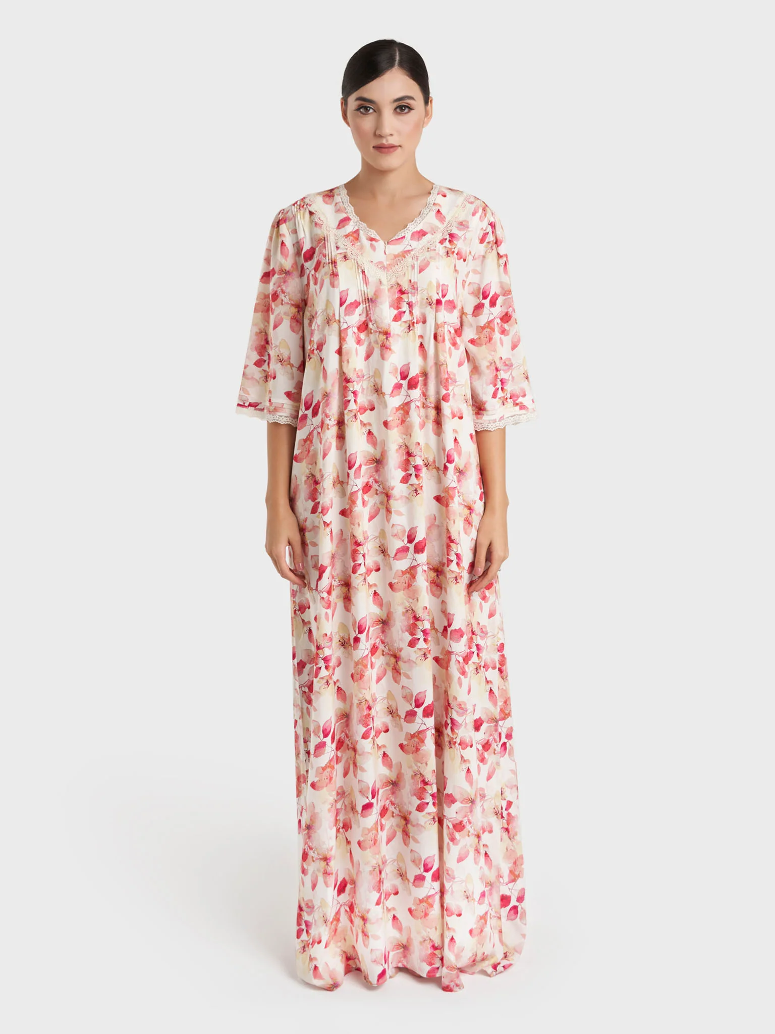 Red Print Rayon Long Nightwear Dress (CNH484) - Image 2